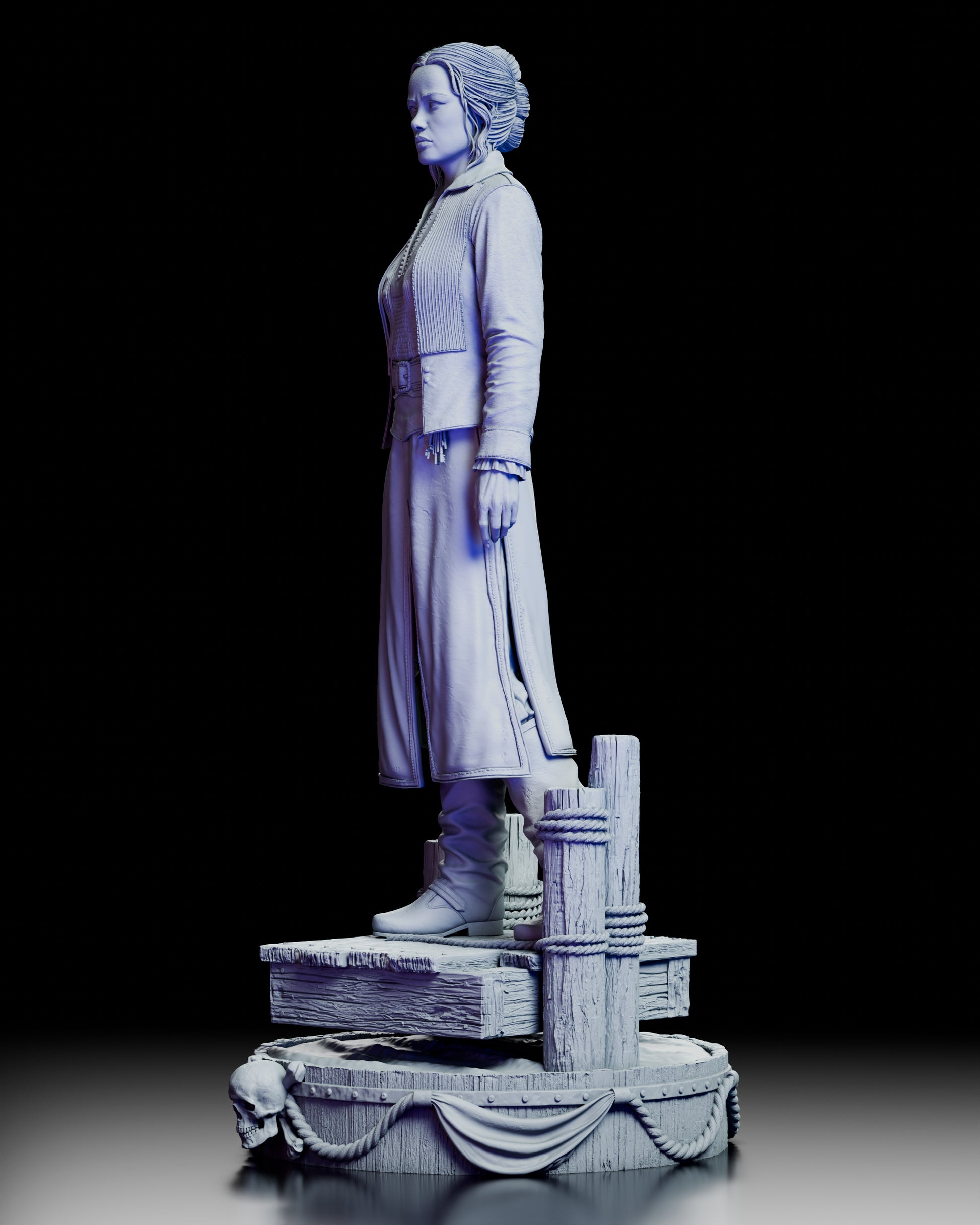 Left profile view of Eleanor Guthrie figure model kit highlighting coat folds and maritime display base