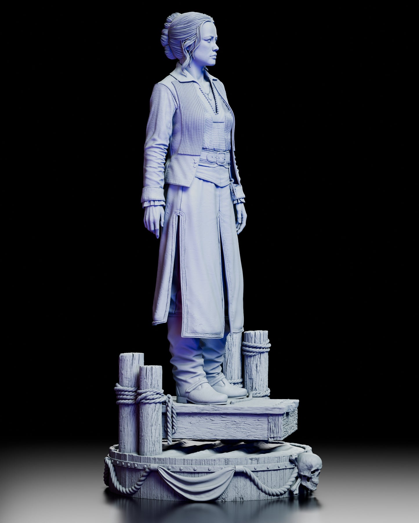 Right profile view of Eleanor Guthrie figure model kit emphasizing stance and dock themed scenic base