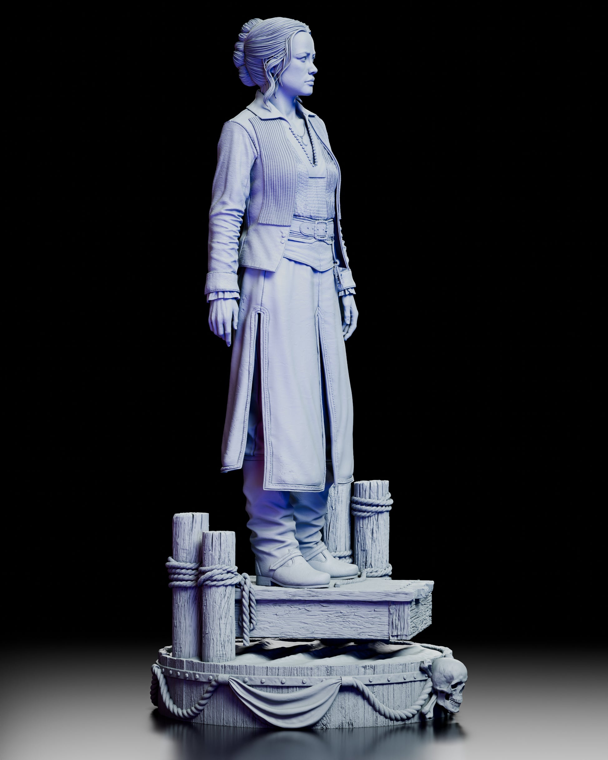Right profile view of Eleanor Guthrie figure model kit emphasizing stance and dock themed scenic base