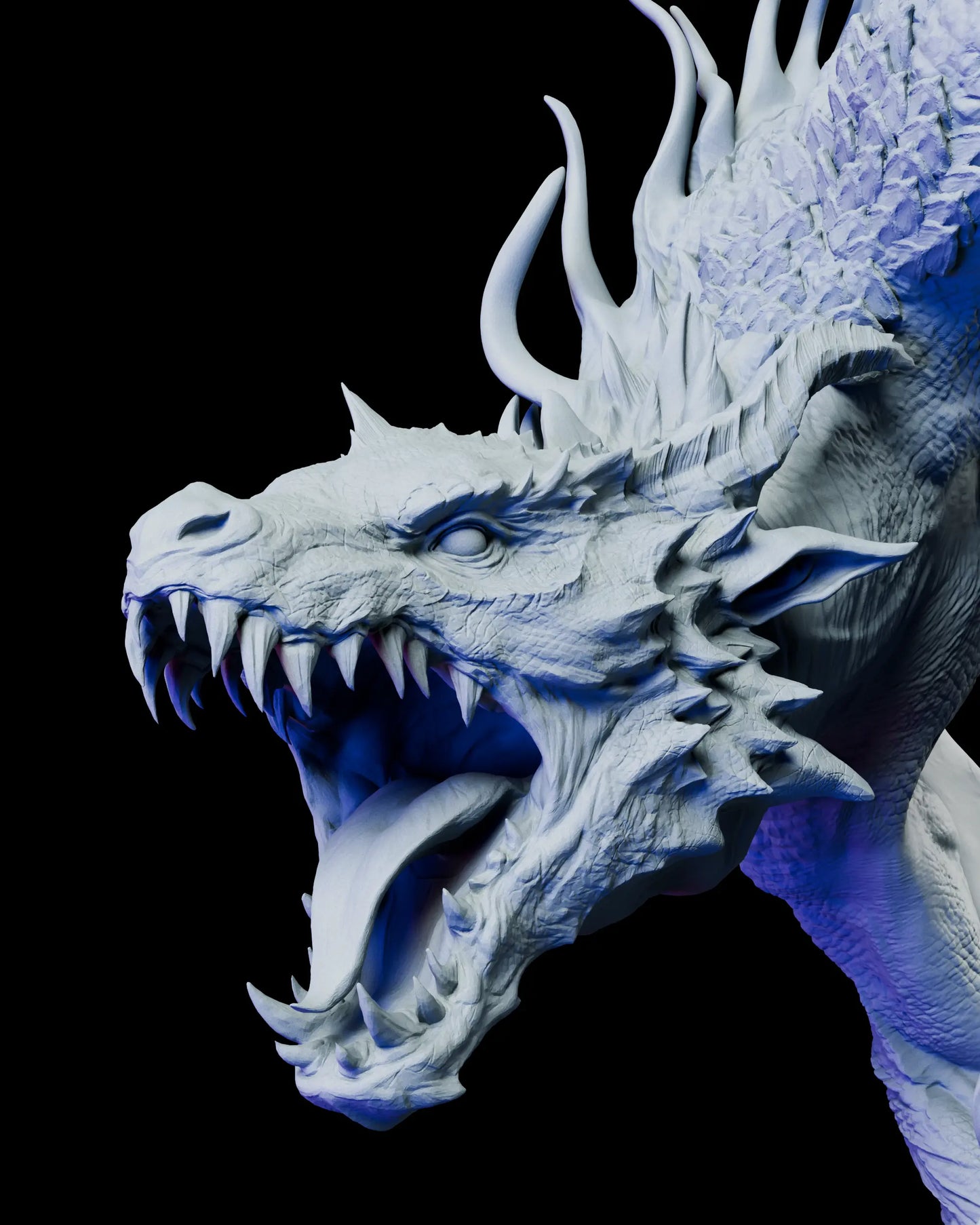 Close-up of the upper wyrm’s roaring head featuring sharp teeth, horns, and scale detail