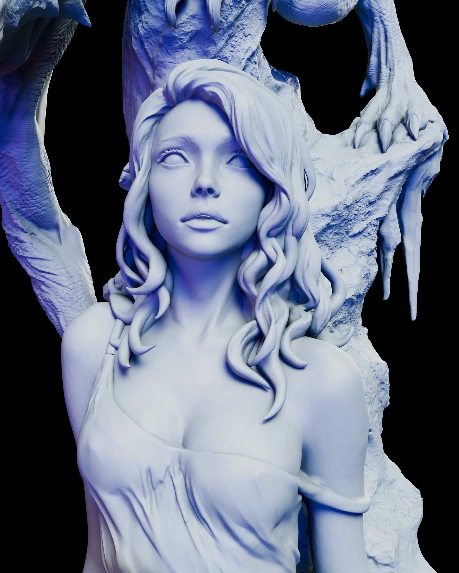 Close-up of the seated maiden revealing delicate facial sculpting and flowing hair detail