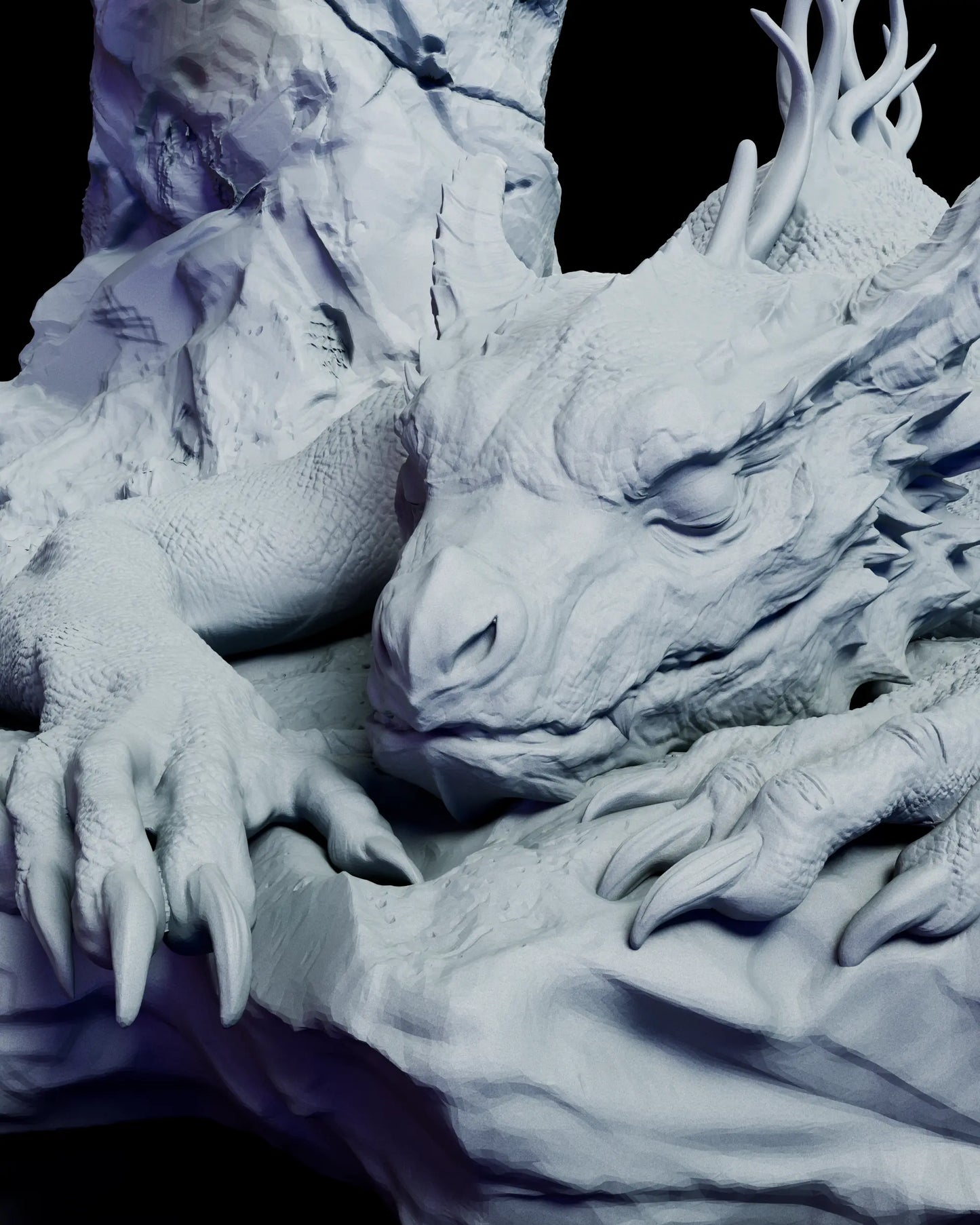 Close-up of the slumbering dragon at the base displaying scale texture and relaxed anatomy