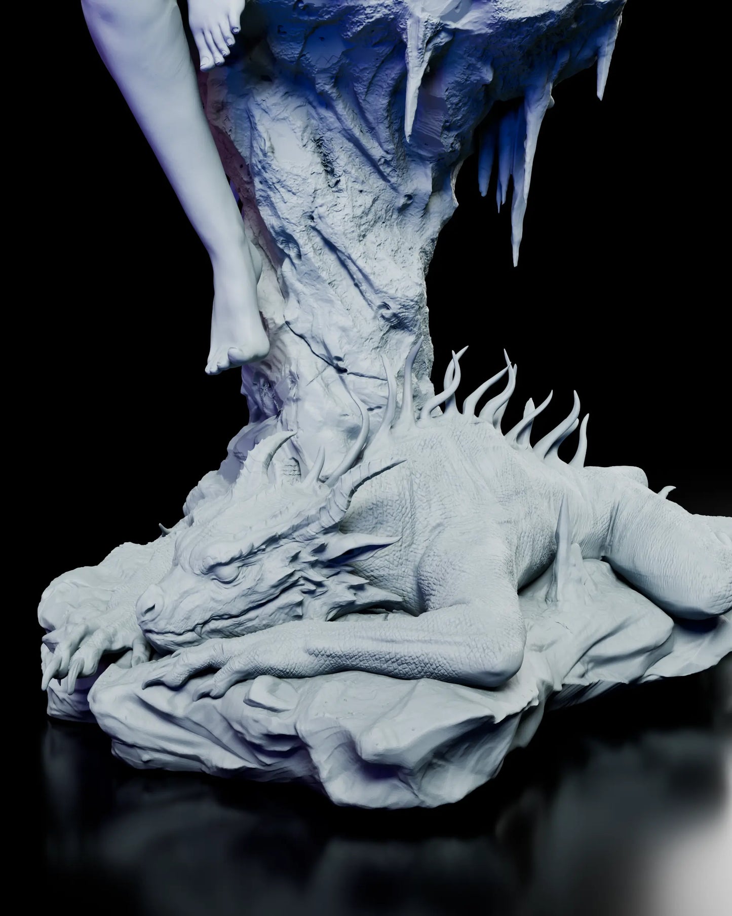 Detailed view of the resting dragon’s head and claws nestled into the rocky terrain