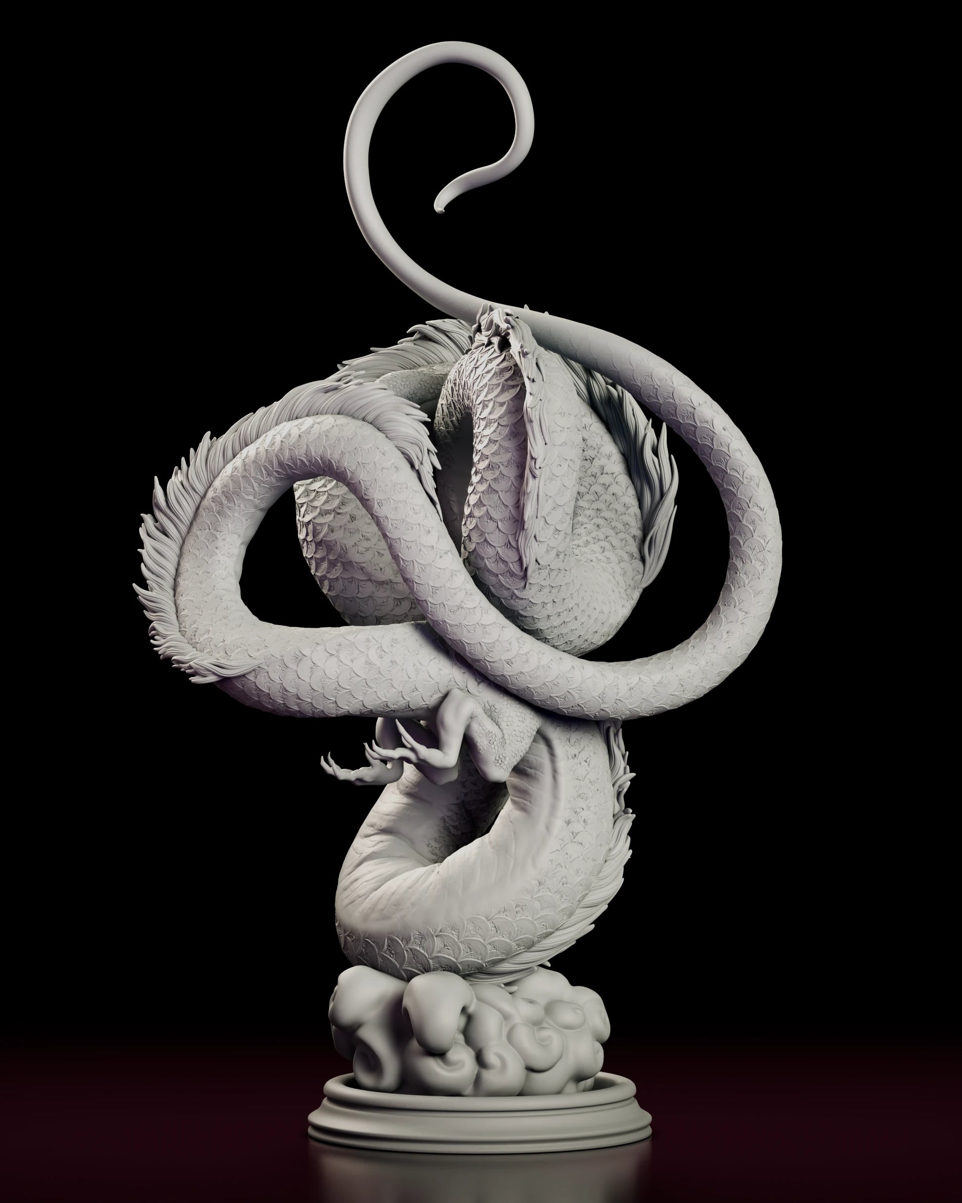 Rear view of the Ember Rider figure model kit showing the back of the dragon coil with overlapping scales and the crest of carved mane running the length of the spine