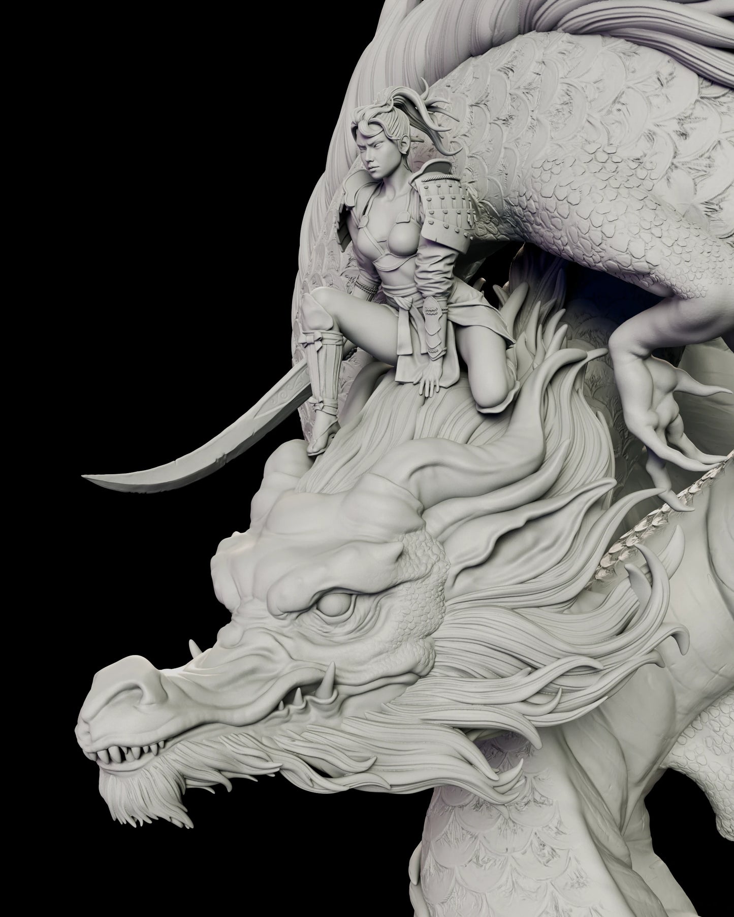 Close detail of the Ember Rider figure model kit showing the dragon head with heavy brows, bared fangs, trailing whiskers and a flowing mane, with the rider kneeling above it holding a long engraved single-edged blade