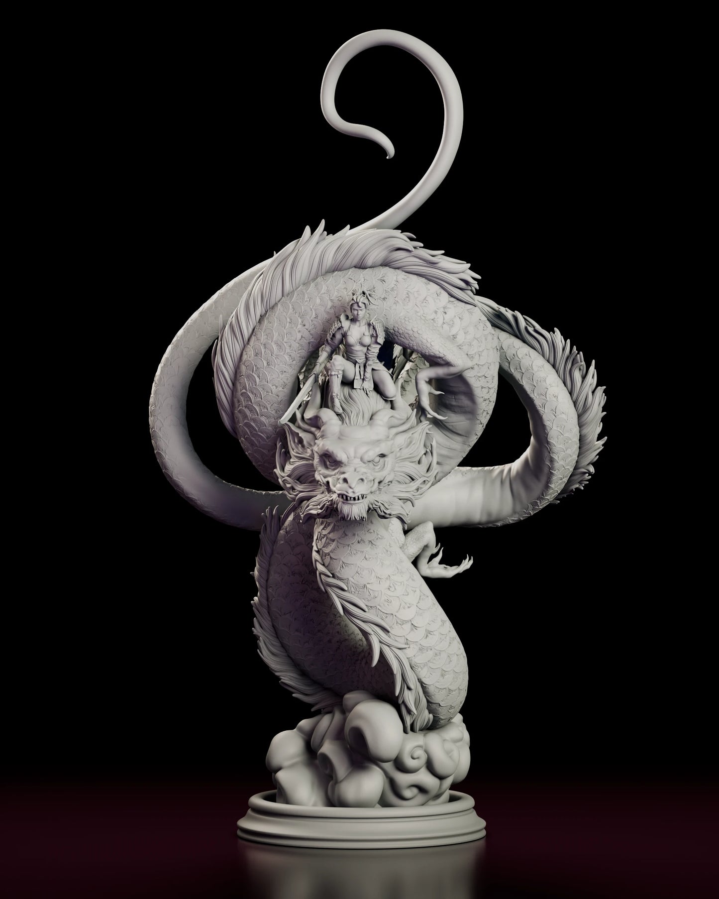 Front view of the Ember Rider figure model kit with the dragon coiled in a closed loop around the kneeling swordswoman, its head lowered at the centre and the whole sculpt rising from a carved cloud on a round base