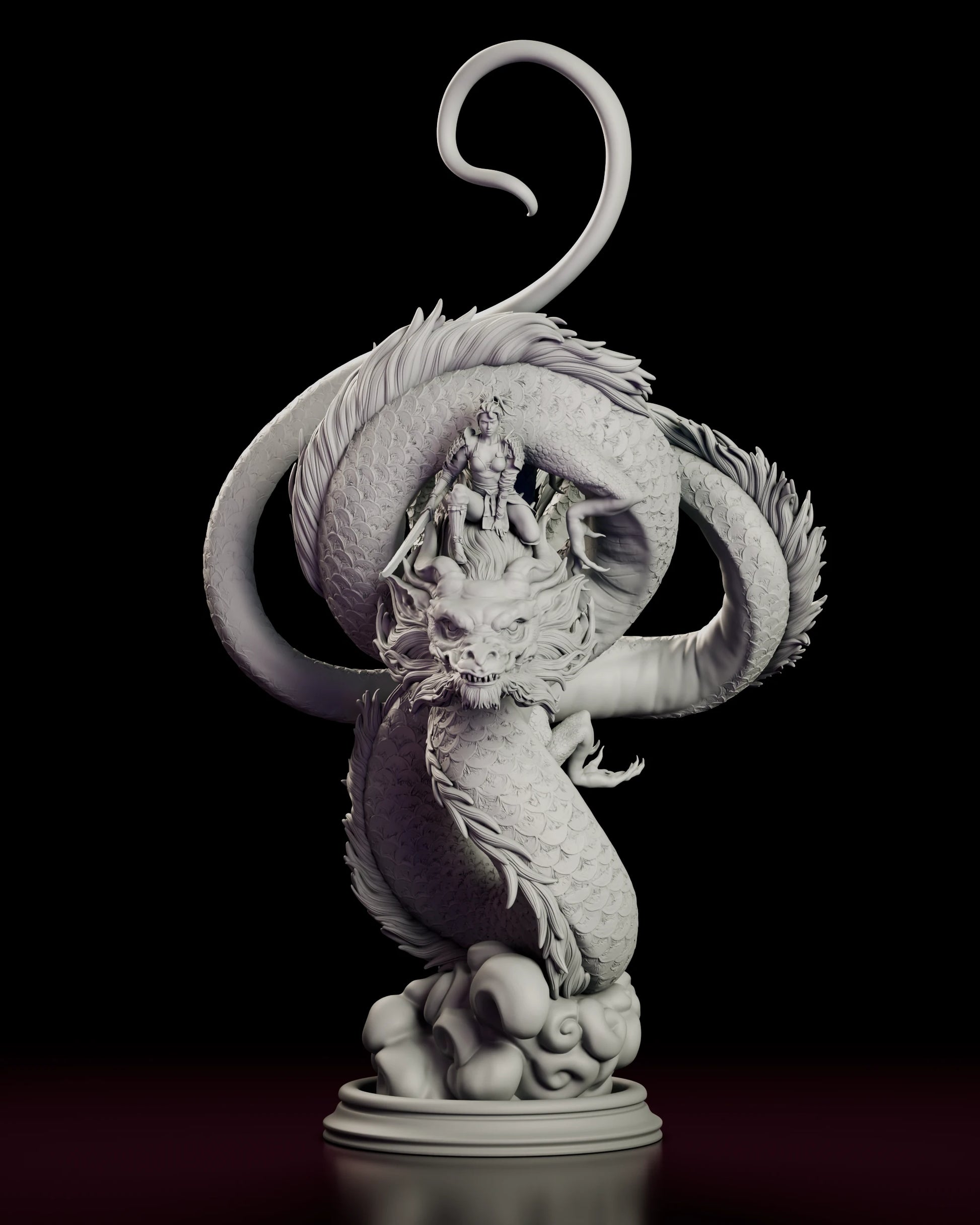 Front view of the Ember Rider figure model kit with the dragon coiled in a closed loop around the kneeling swordswoman, its head lowered at the centre and the whole sculpt rising from a carved cloud on a round base
