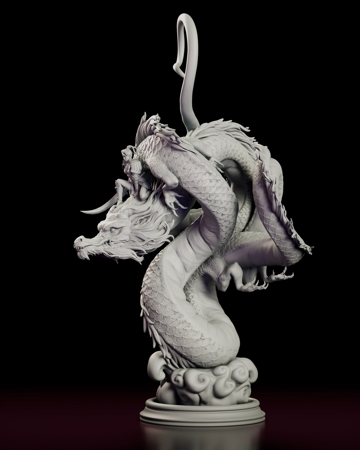Left side view of the Ember Rider figure model kit showing the sweep of the tail as it curls upward, the clawed forelimb reaching from the coil and the cloud plume gathered at the base