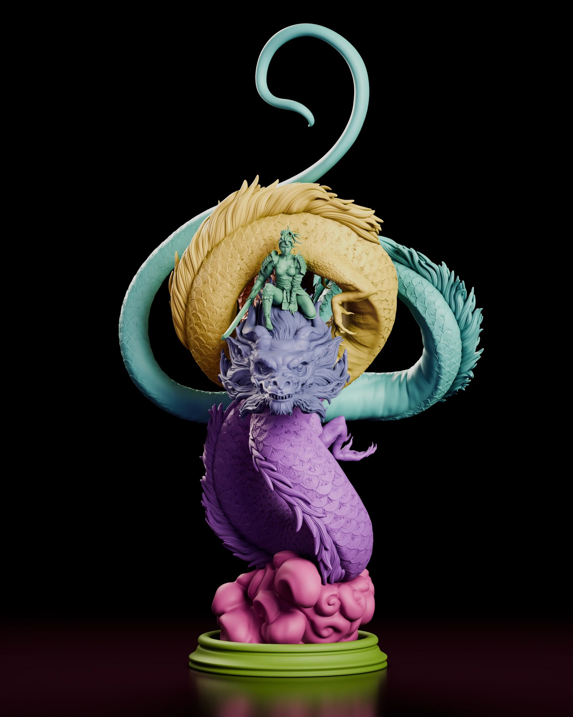 Parts breakdown of the Ember Rider figure model kit with each component shown in a separate colour, including the rider, the dragon head, the upper and lower body coils, the tail, the cloud plume and the turned round base
