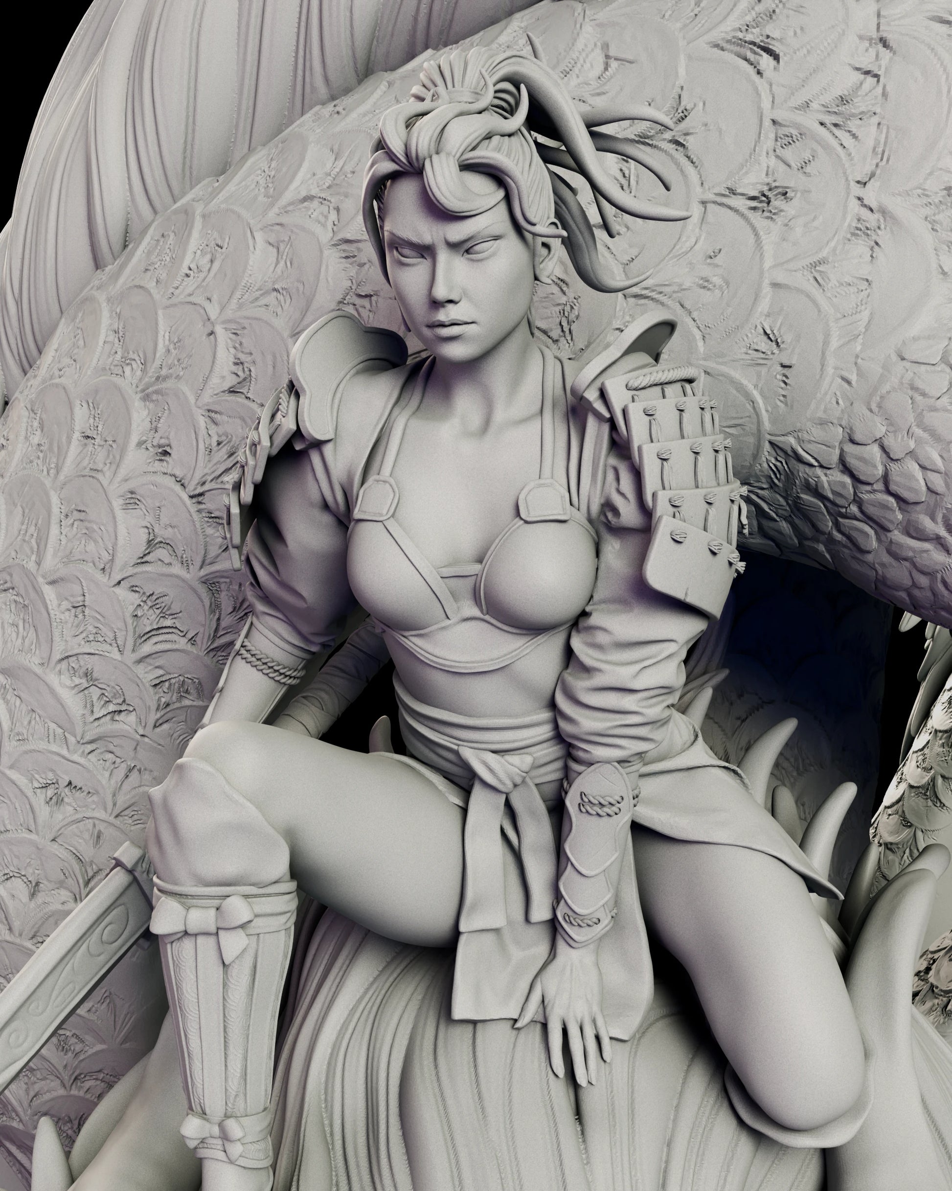 Portrait detail of the Ember Rider figure model kit showing the swordswoman with her hair in a high ribboned ponytail, a corded laminated pauldron on one shoulder and a knotted sash falling across her thigh