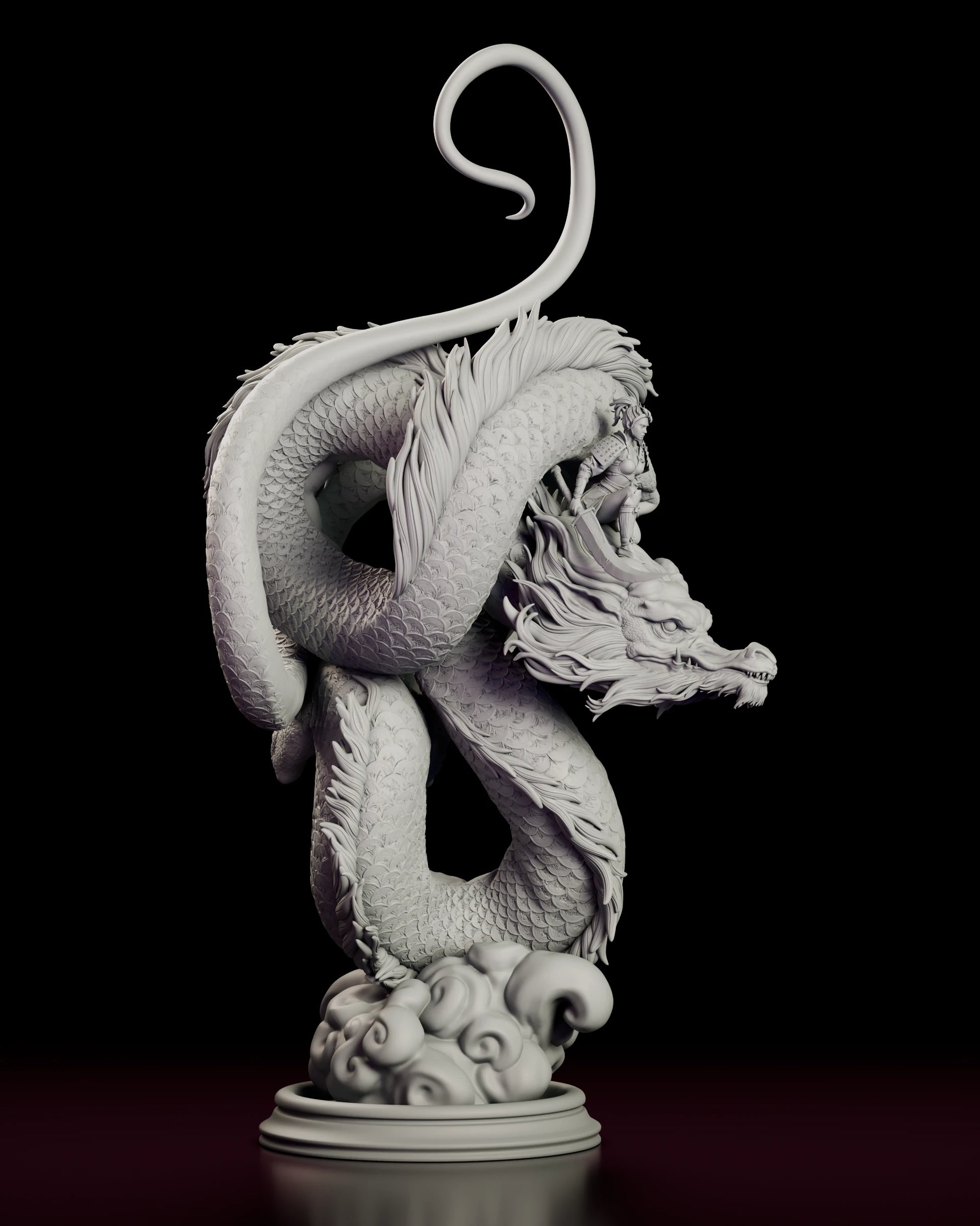 Right side view of the Ember Rider figure model kit showing the depth of the dragon coil, the scaled flank and spinal mane, and the rider seated in profile with her blade held low