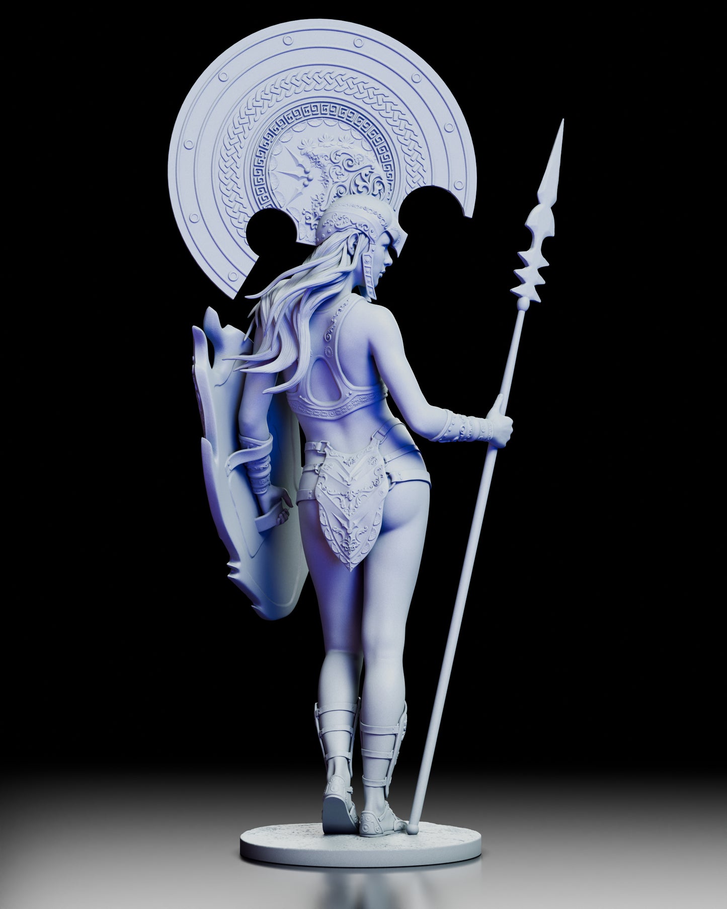 Rear view of Enyo sculpture showing detailed shield design and flowing hair