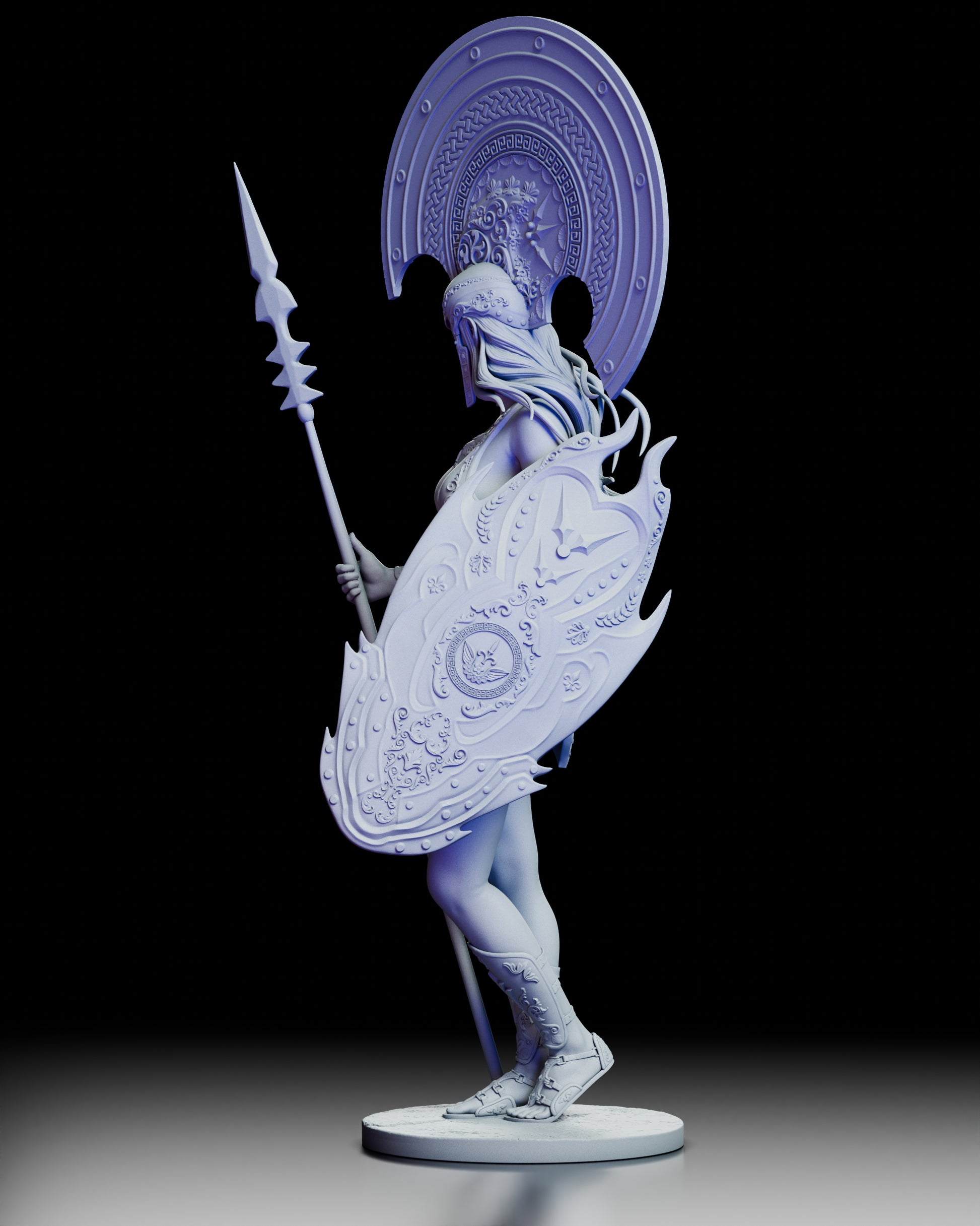 Left side view of Enyo resin figure displaying elegant armor and dynamic stance