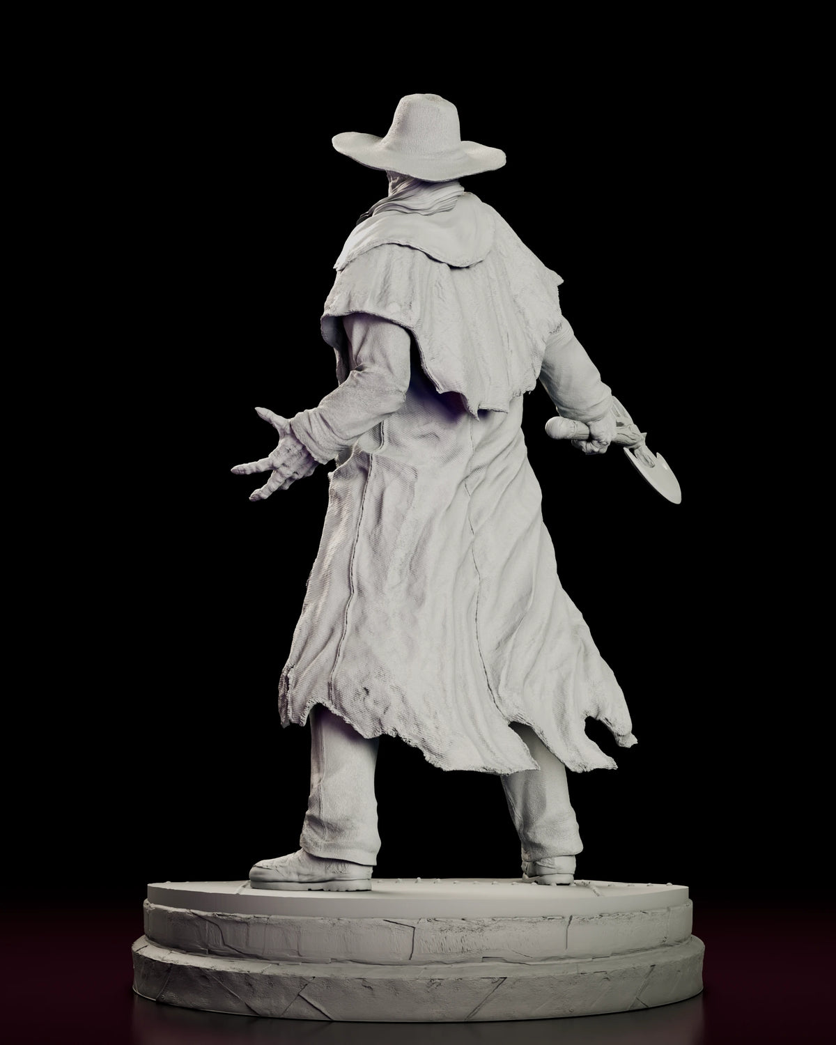 Rear view of The Creeper figure model kit showing the caped back of the duster, the ragged hem and the taloned hand spread wide