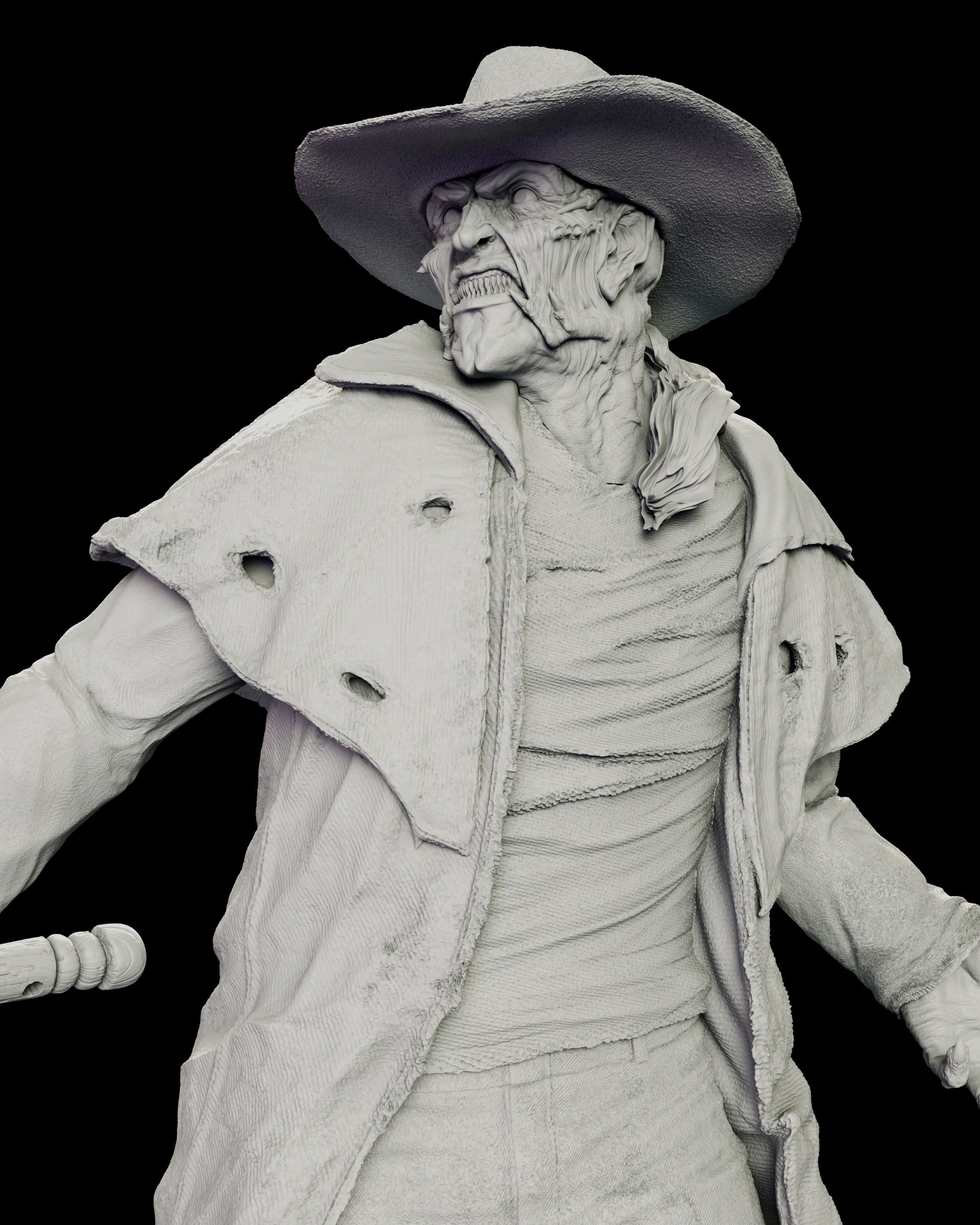 Upper body detail of The Creeper figure model kit showing the creased face beneath the hat brim, the stringy hair at the collar and the holes torn through the caped duster