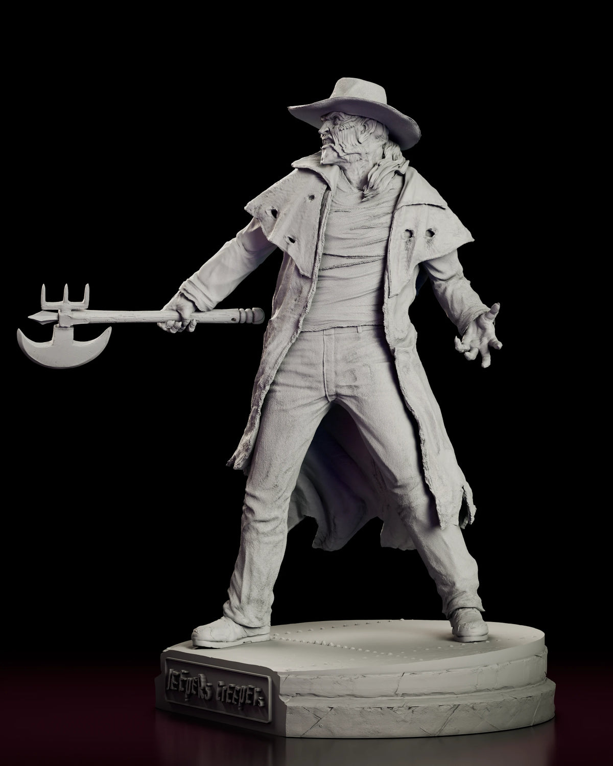 Left side view of The Creeper figure model kit showing the shoulder cape, the torn hem of the coat and the heavy boots on the base