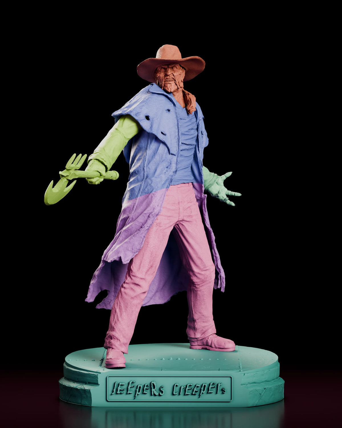 Parts breakdown render of The Creeper figure model kit showing the hat, head, coated torso, both arms, both legs, the axe and the base as separate components