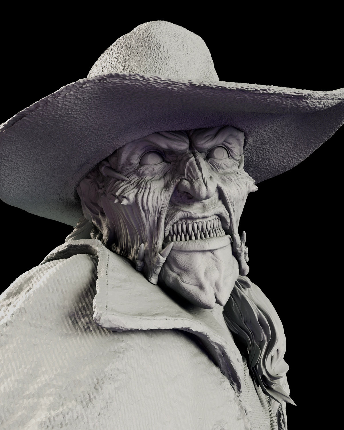 Portrait of The Creeper figure model kit showing the sunken pale eyes, the spines along the cheekbones and a mouth crowded with rows of pointed teeth behind two tusks