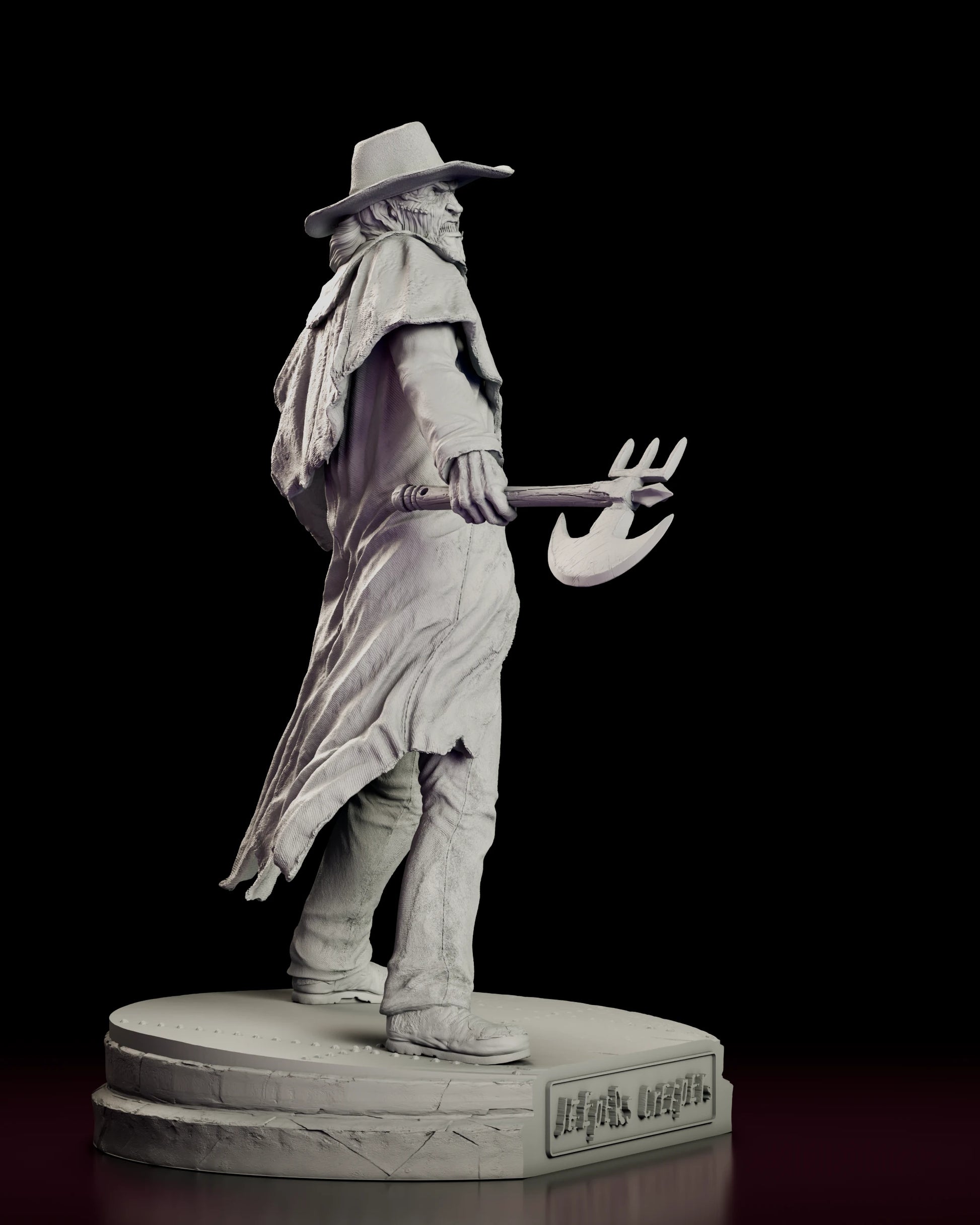 Right side view of The Creeper figure model kit showing the fall of the long duster and the axe held out from the body