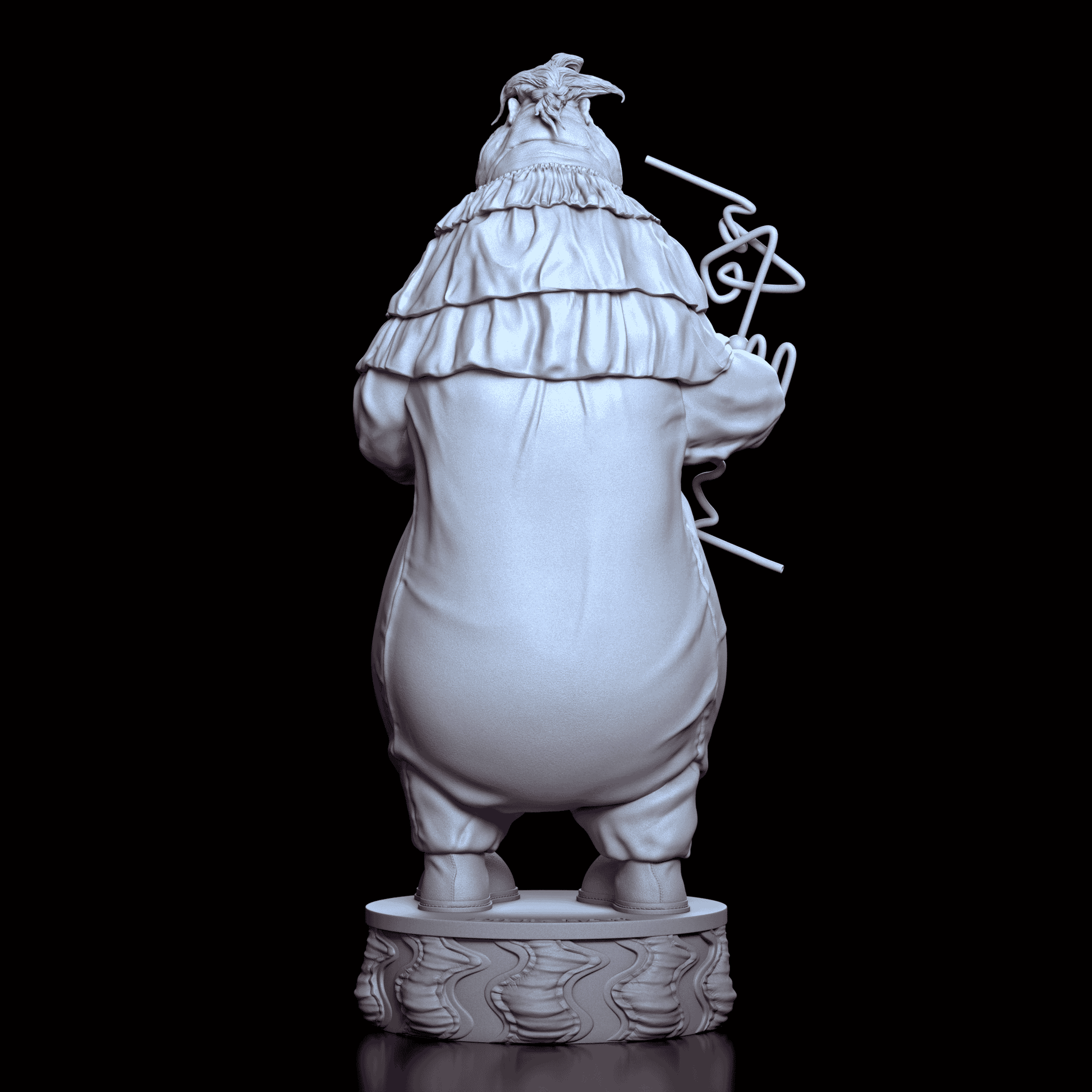 Back view of Fatso figure highlighting layered ruffle collar and padded costume on a decorative base