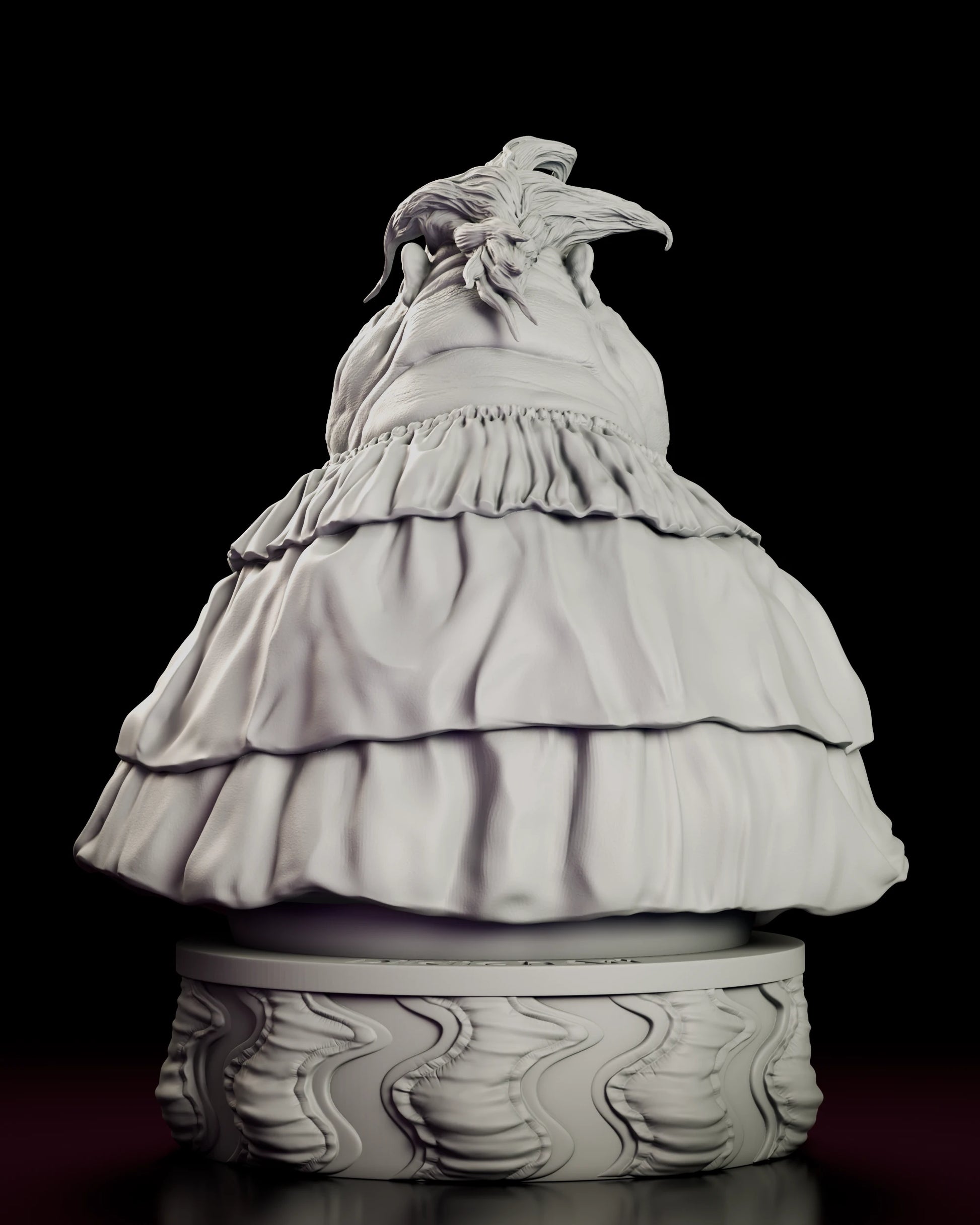Back view of the Fatso bust figure model kit showing the three ruffle tiers from behind and the hair sweeping back above them