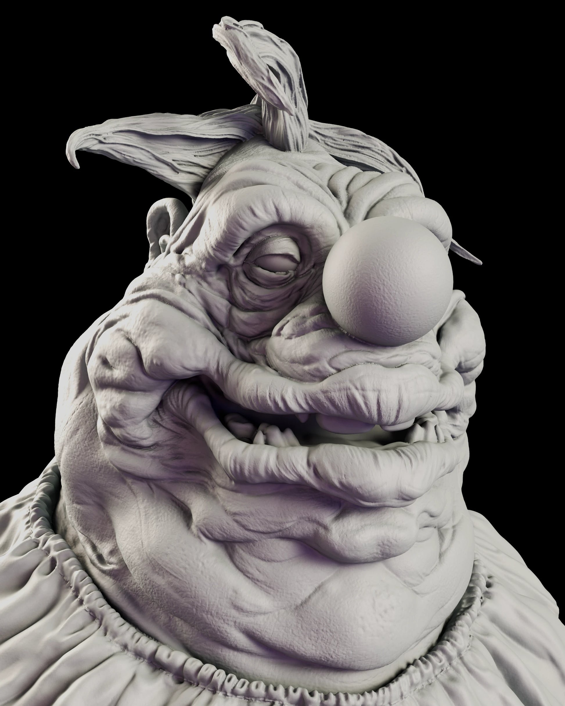 Portrait view of the Fatso bust figure model kit capturing the hooded eyes, spherical nose and small crowded teeth set in a wide grin