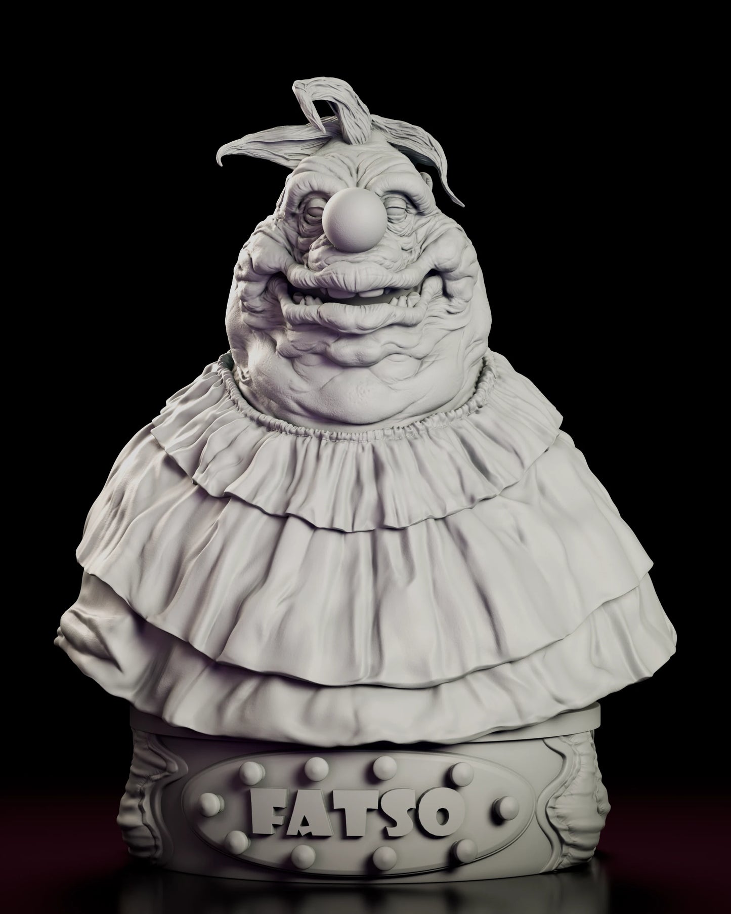 Front view of the Fatso bust figure model kit with the ruffle cape spread wide above a plinth carrying his name on a bulb-studded placard