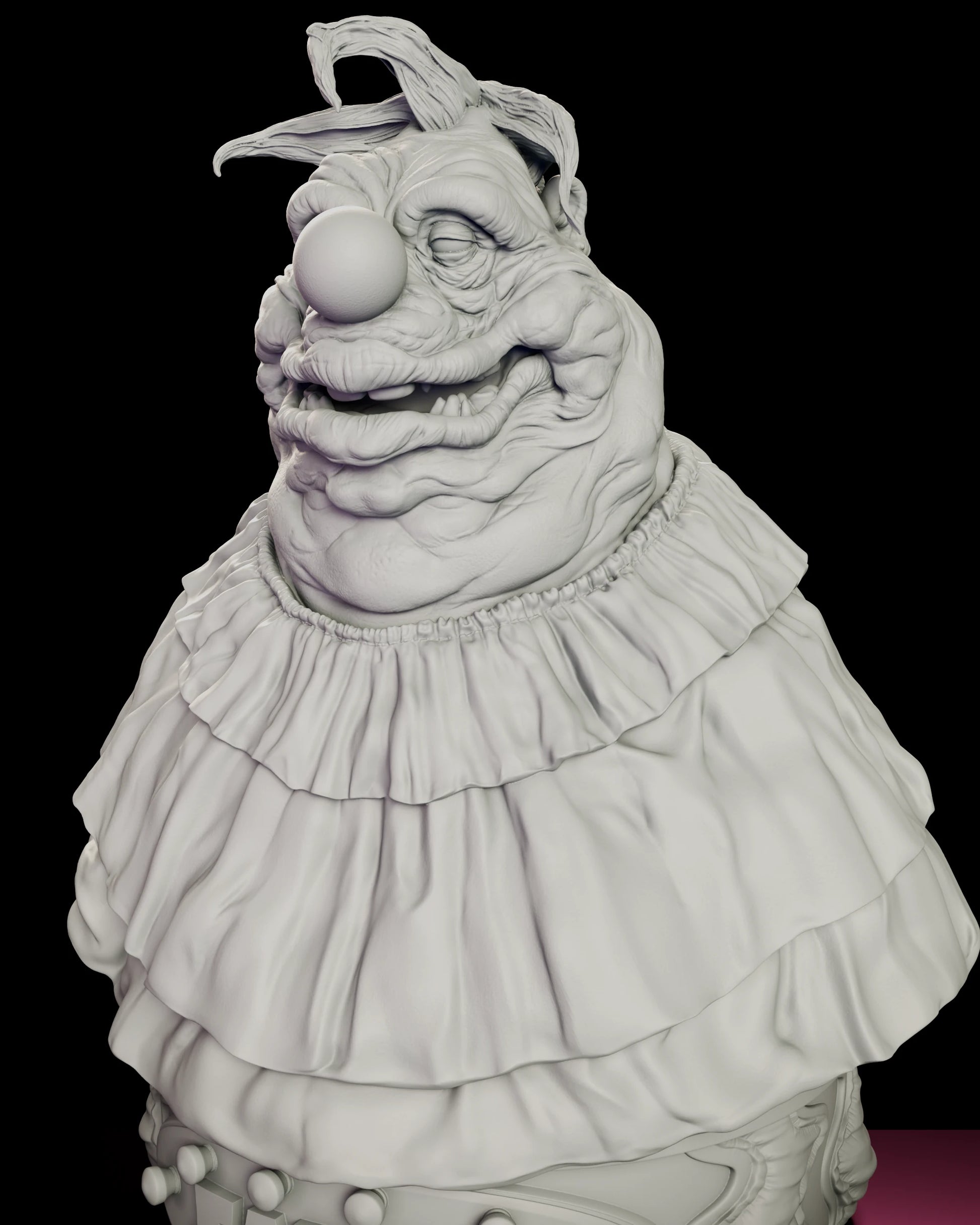 Angled close view of the Fatso bust figure model kit showing the layered jowls spilling over the gathered neckline of the tiered ruffle collar