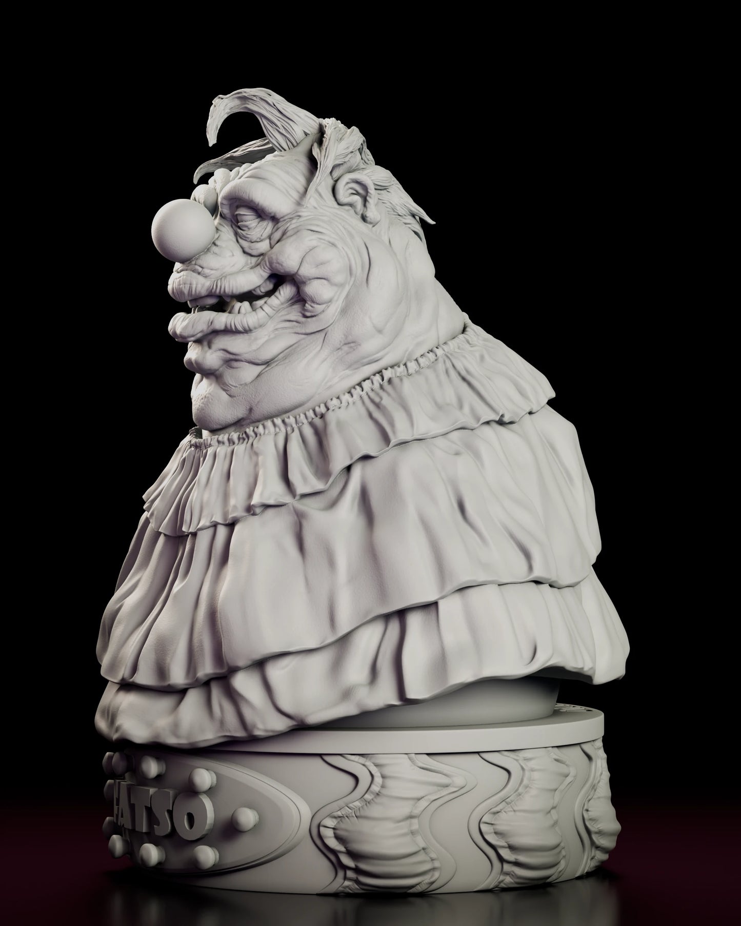 Left side view of the Fatso bust figure model kit showing the depth of the tiered ruffles and the draped moulding wrapping the plinth