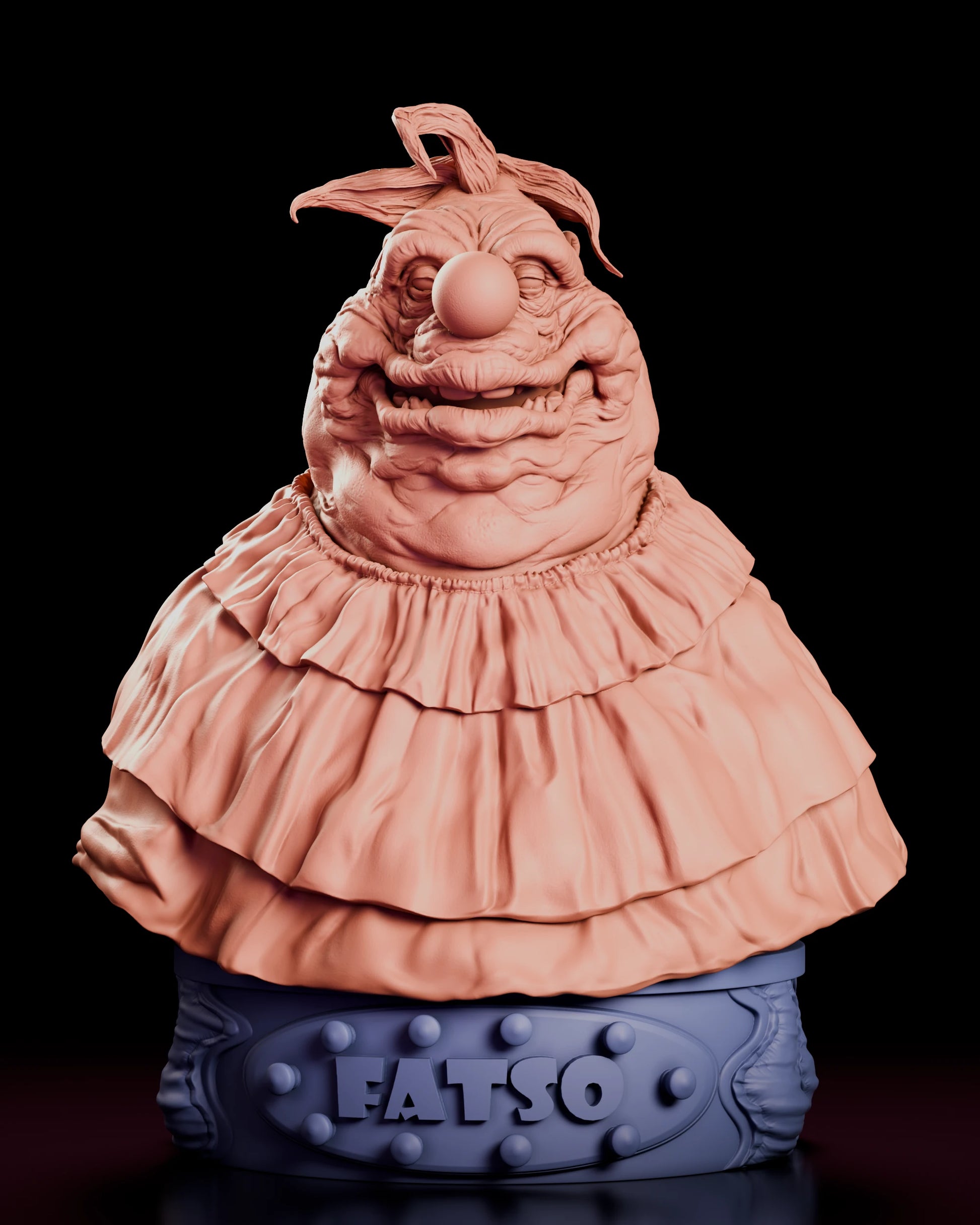 Parts breakdown of the Fatso bust figure model kit showing the head and ruffle collar as one component and the lettered drum plinth as the other