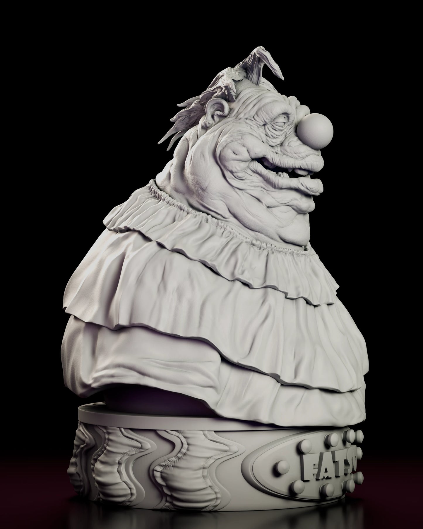 Right side view of the Fatso bust figure model kit showing the hair tuft standing up, the small ear and the jowls hanging over the collar