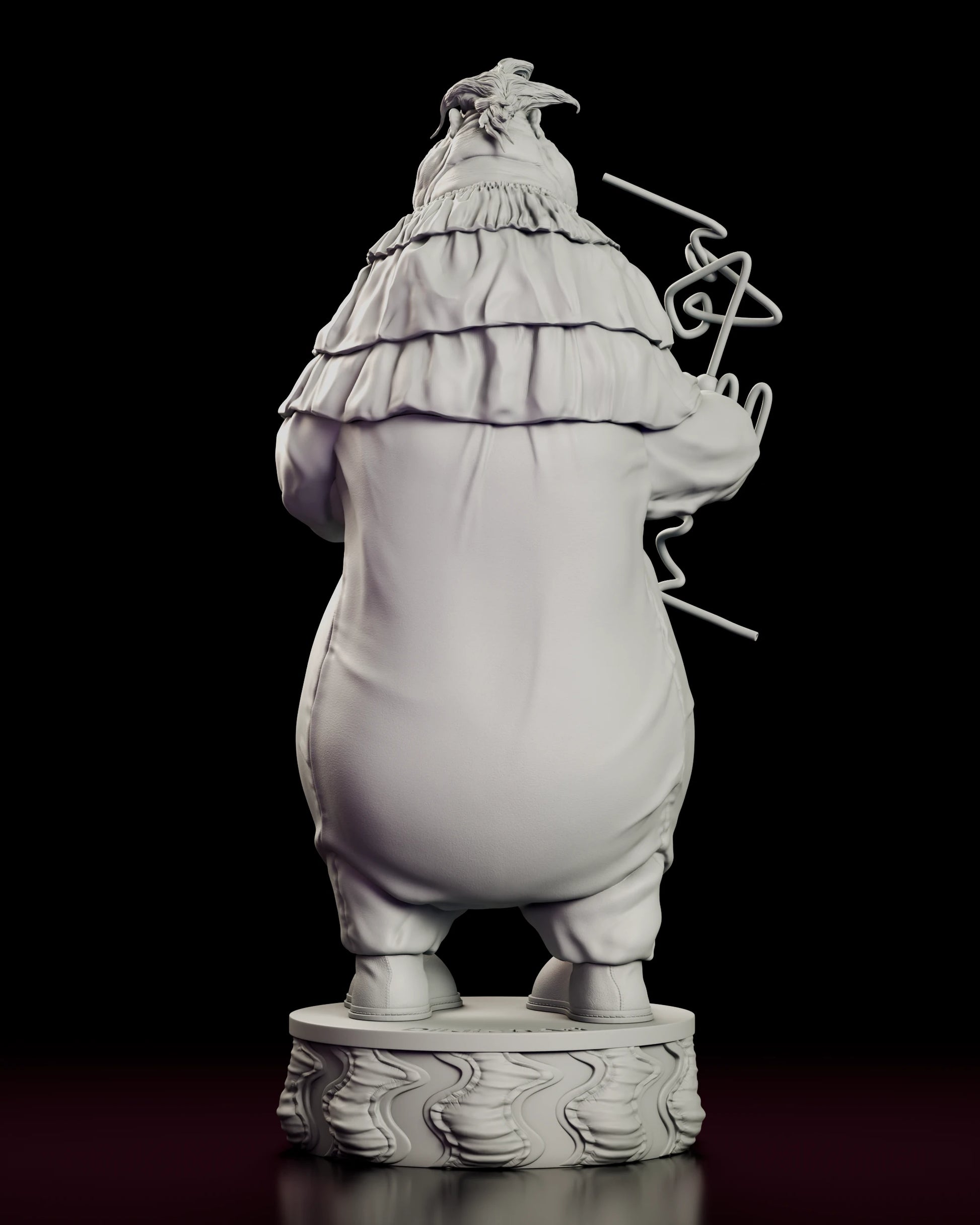 Back view of the Fatso figure model kit showing the tiered collar from behind and the Krazy Straw rising past the shoulder to its straight drinking end
