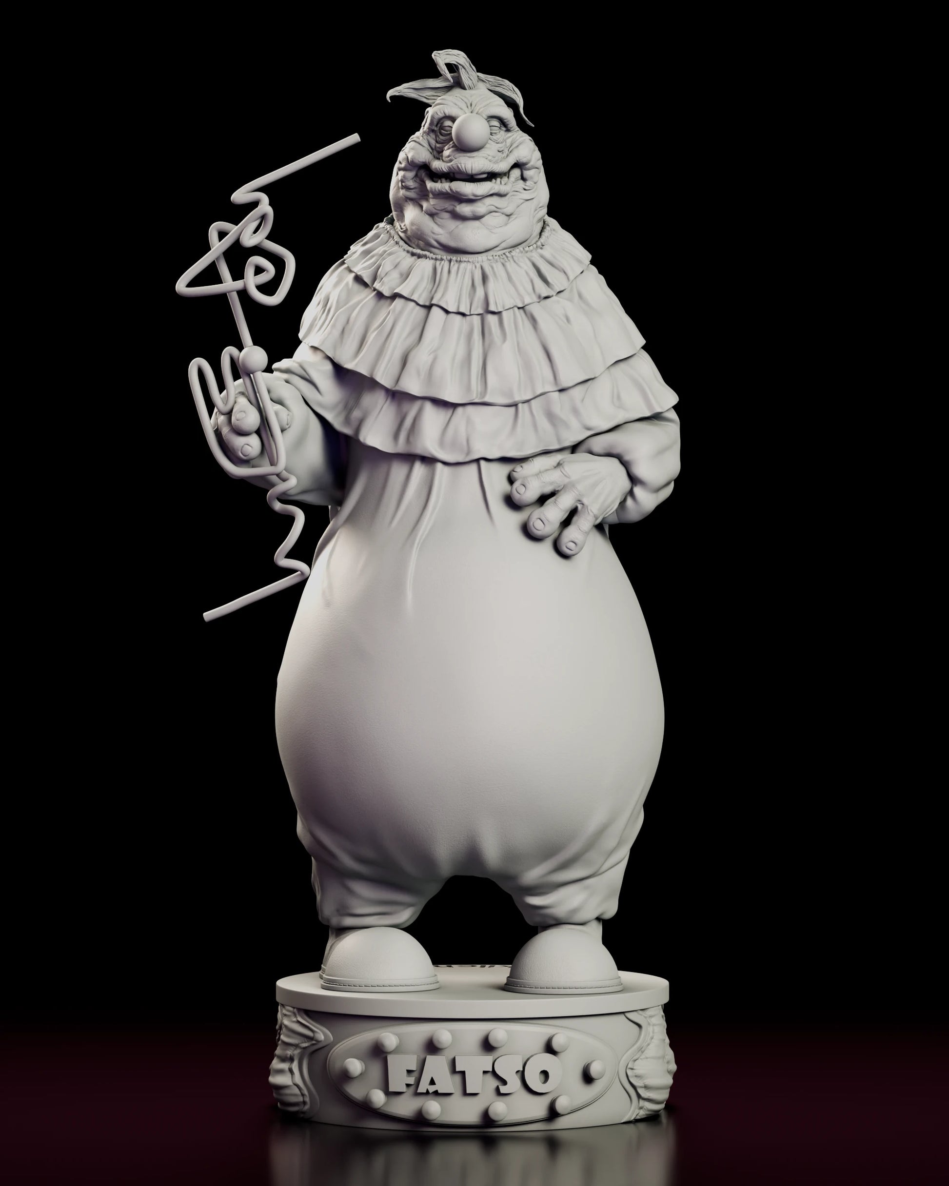 Front view of the Fatso figure model kit standing on a round plinth, one hand on his belly and the looping Krazy Straw raised in the other