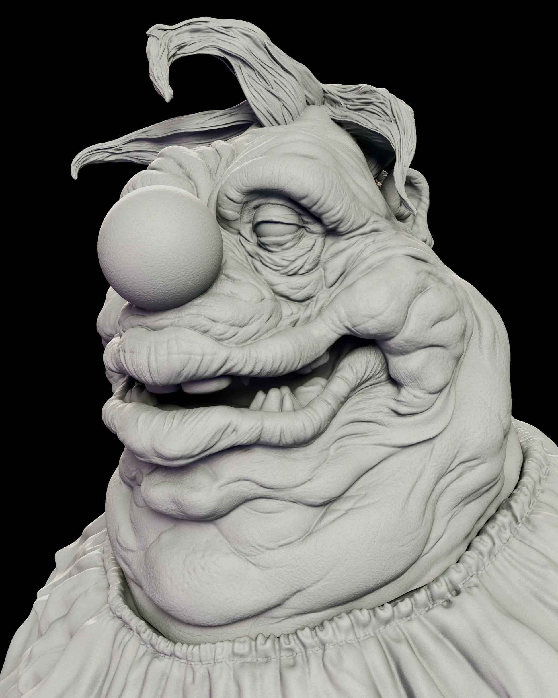 Portrait view of the Fatso figure model kit capturing the heavy jowls, hooded eyes, small round nose and the tuft of hair standing up from a bald crown