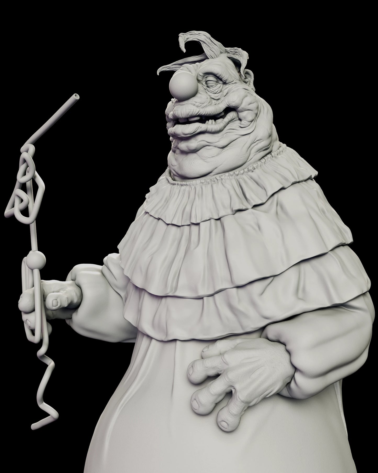 Close view of the Fatso figure model kit showing the raised fist gripping a Krazy Straw corkscrewed into loops beside the tiered ruffle collar