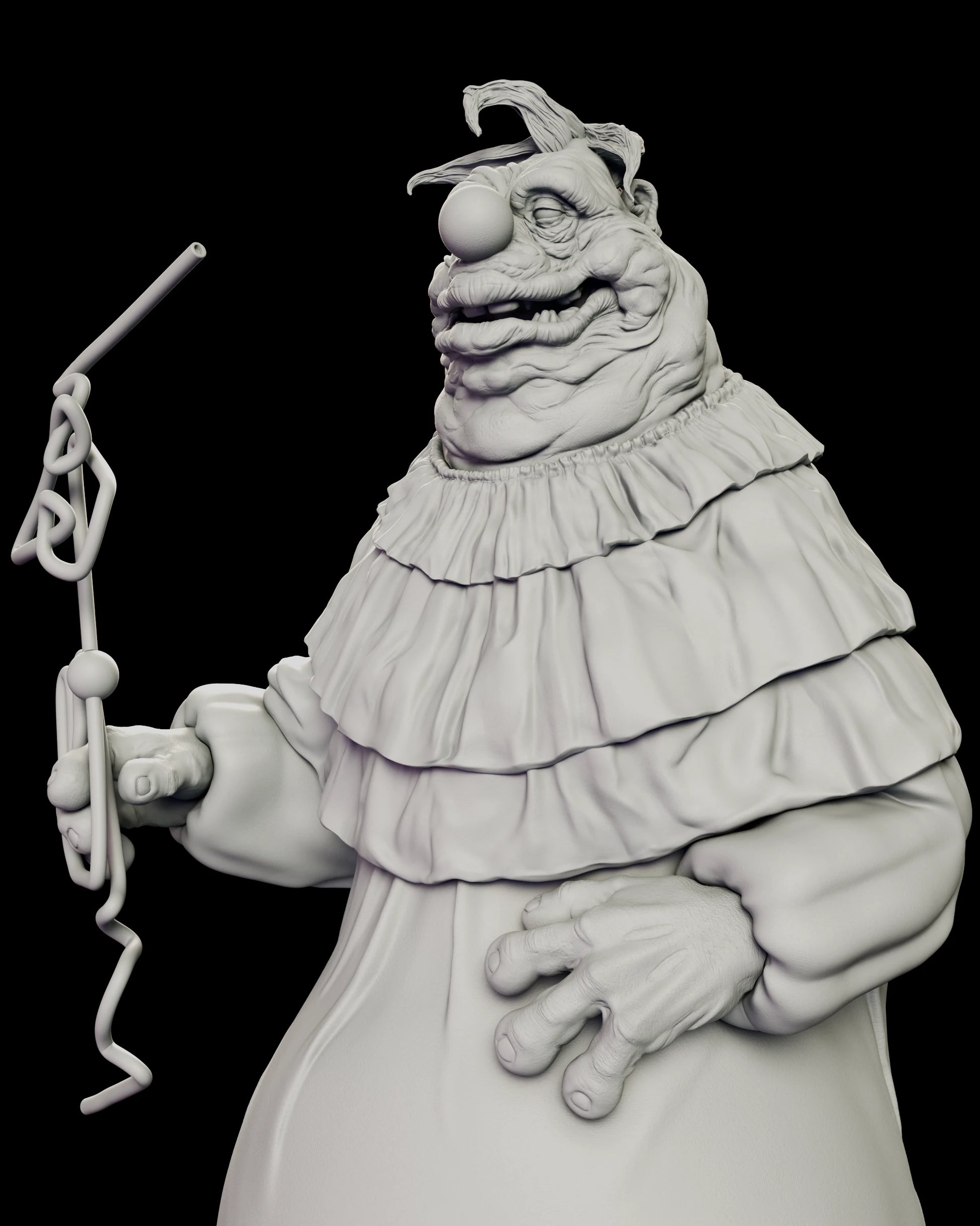 Close view of the Fatso figure model kit showing the raised fist gripping a Krazy Straw corkscrewed into loops beside the tiered ruffle collar