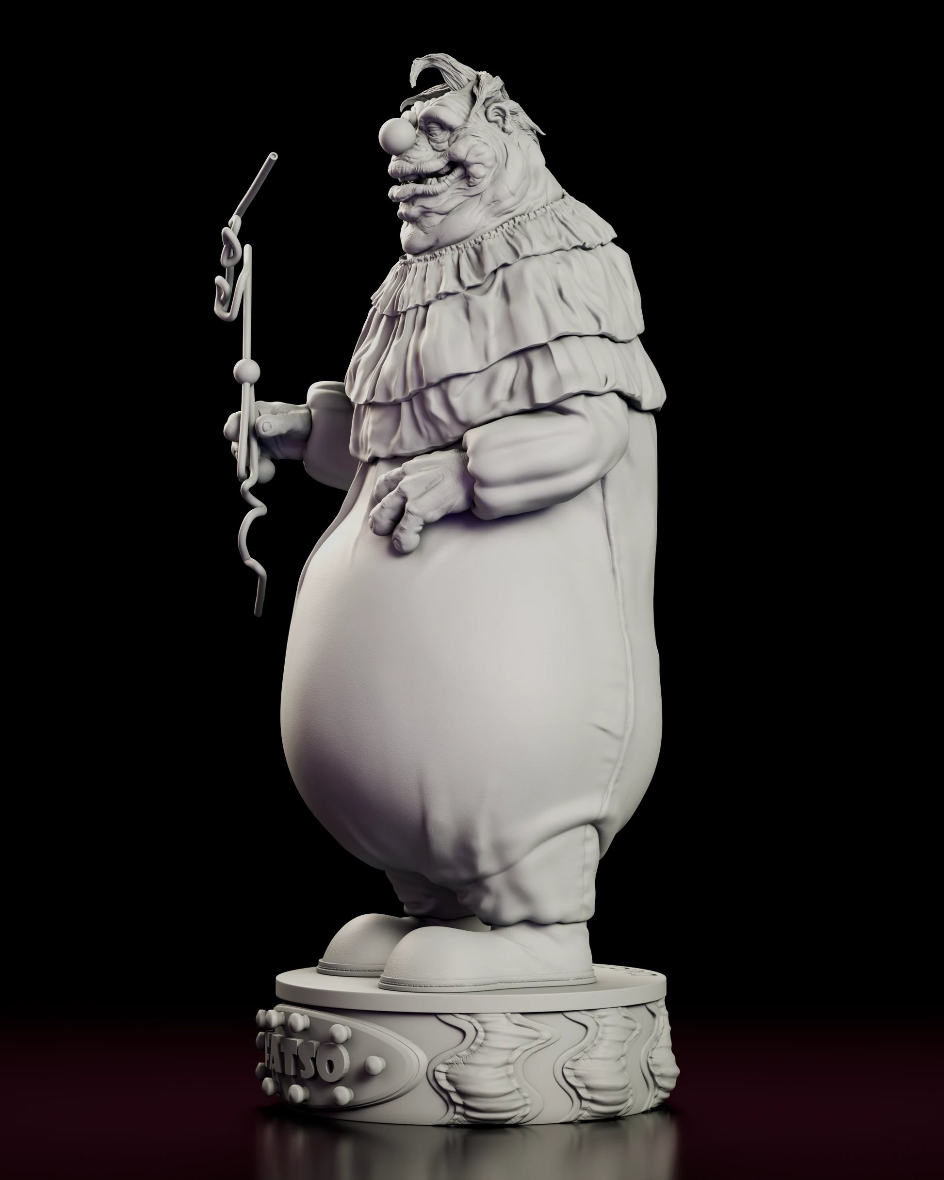 Left side view of the Fatso figure model kit showing the profile of the jowled face and the draped ruffle moulding around the base