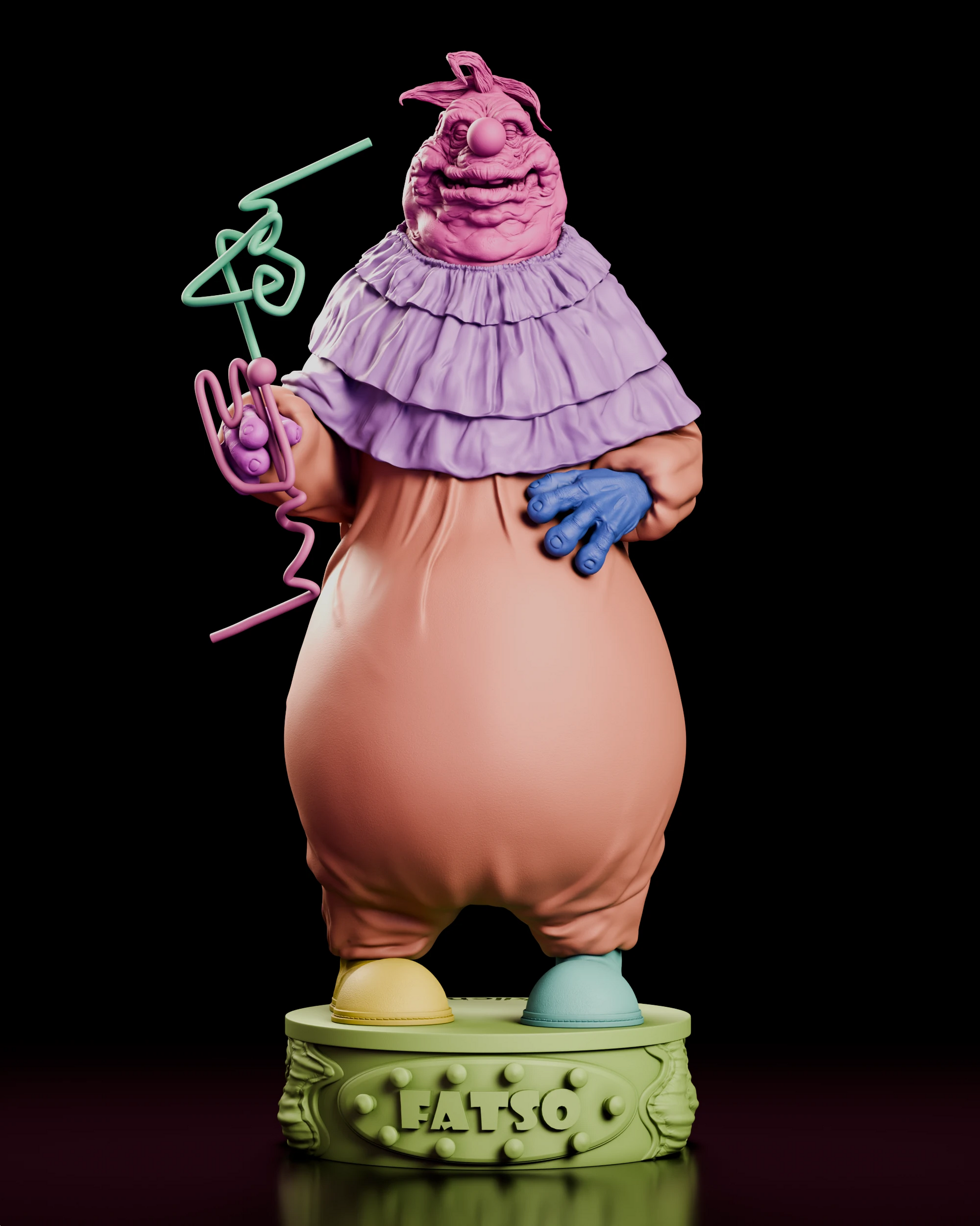 Parts breakdown of the Fatso figure model kit with the head, ruffle collar, body, hands, Krazy Straw, shoes and lettered base shown as separate components
