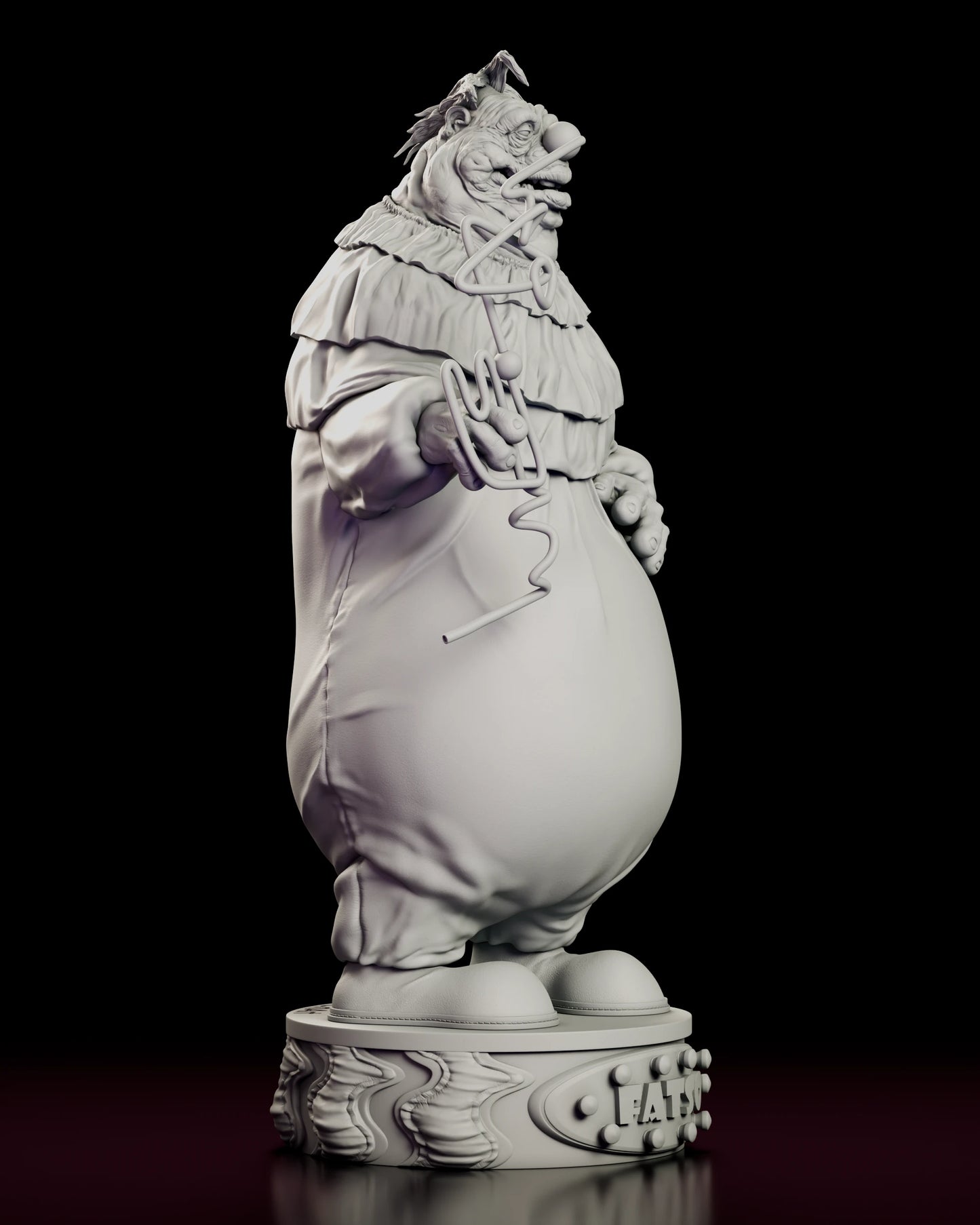 Right side view of the Fatso figure model kit showing the full depth of the belly and the Krazy Straw looping up past the shoulder