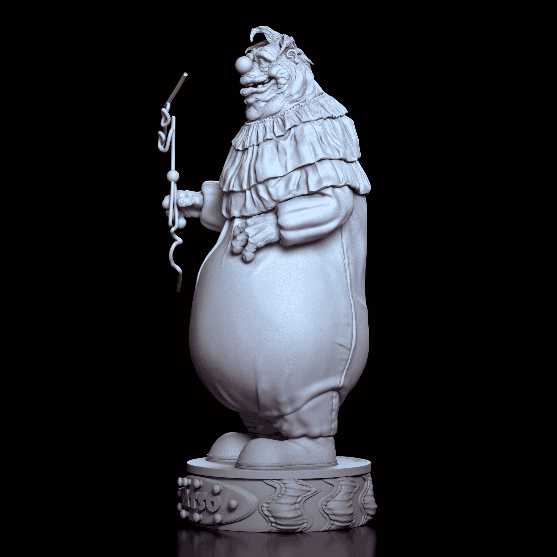 Left profile of Fatso maquette showing grotesque clown face, straw weapon, and detailed wrinkles