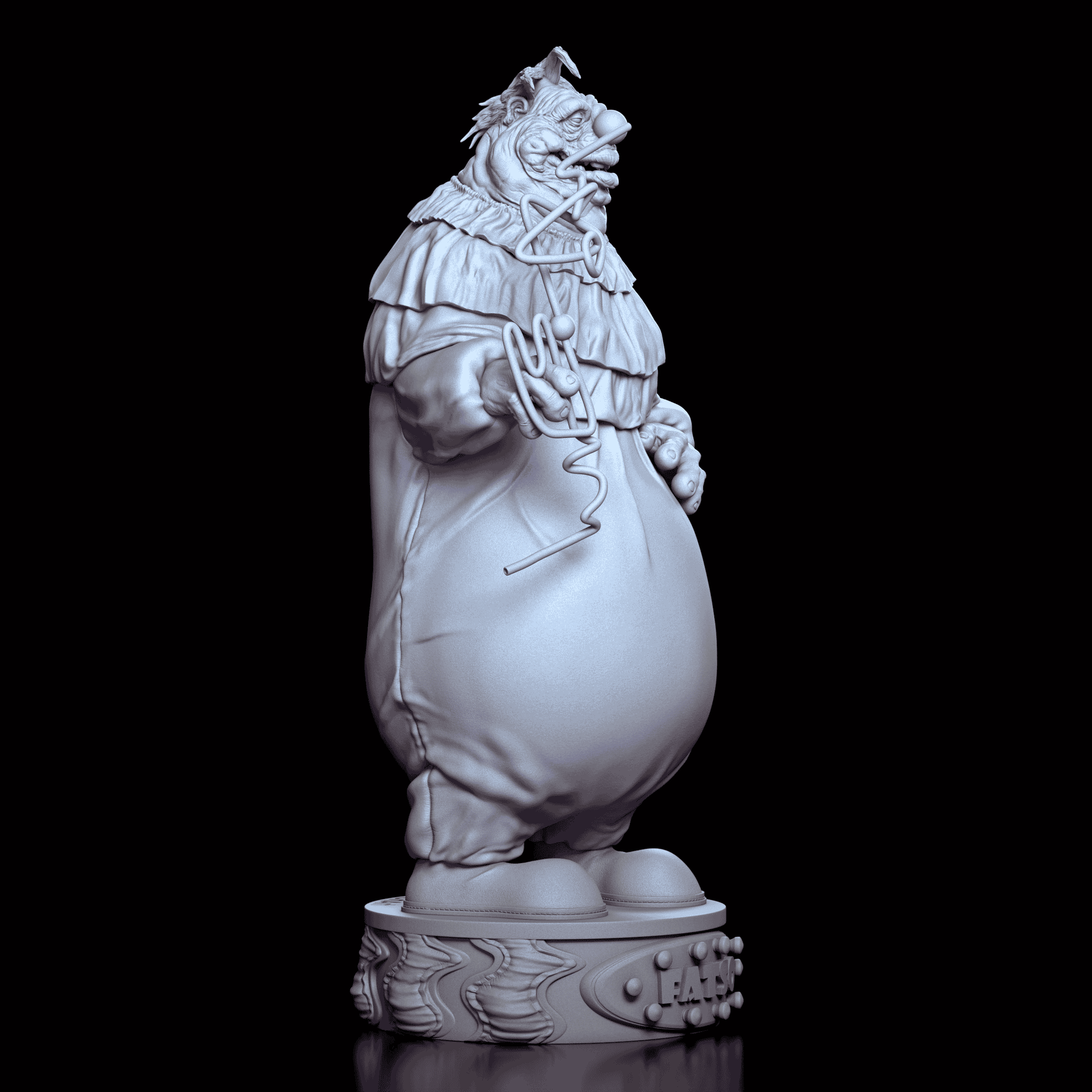 Right side of Fatso sculpture revealing sculpted textures, clown costume folds, and sneering expression