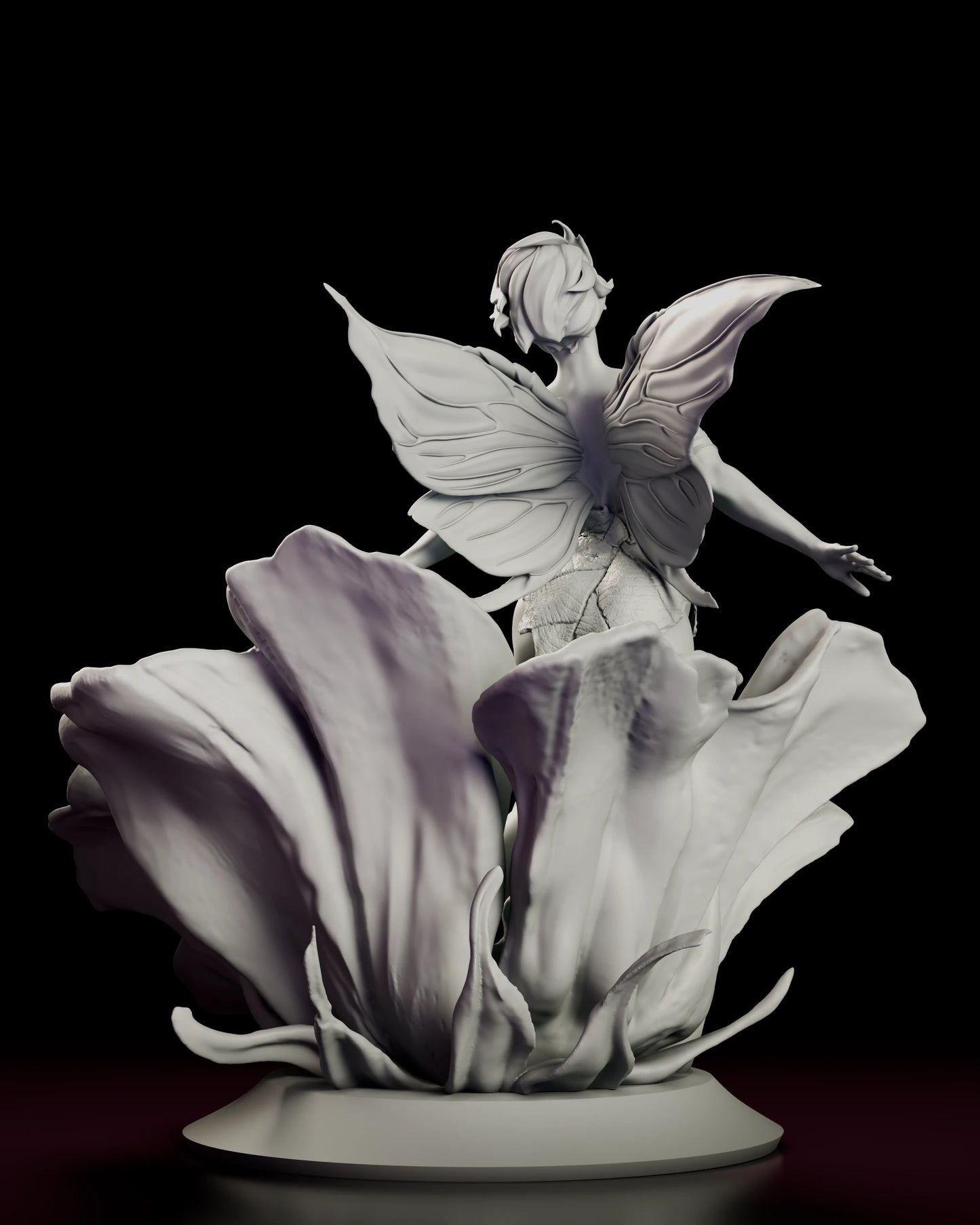Rear view of the Flower Fairy figure model kit showing both pairs of veined wings at full span and the ruffled petals opening behind her