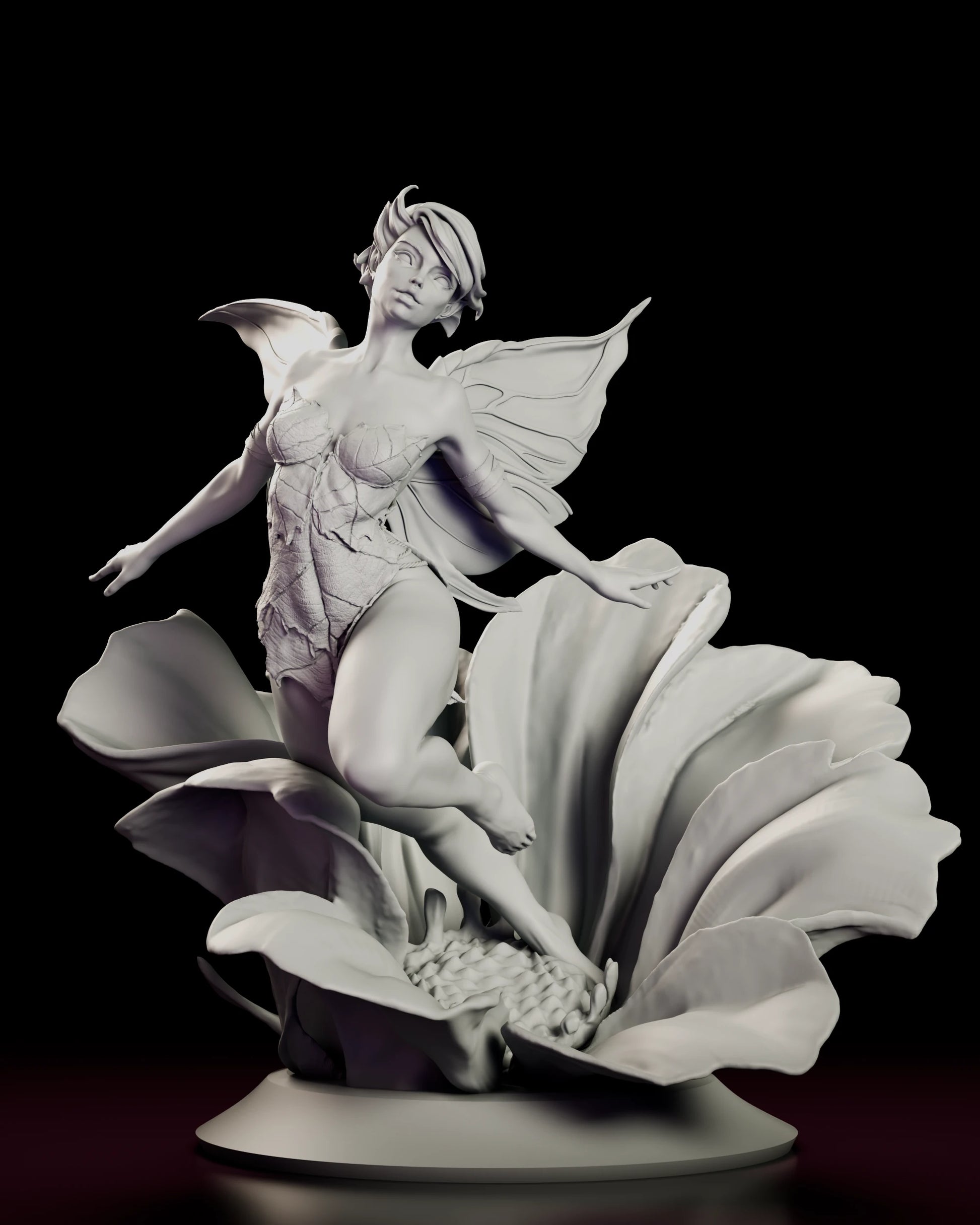 Front view of the Flower Fairy figure model kit stepping down across the open flower with both arms extended for balance