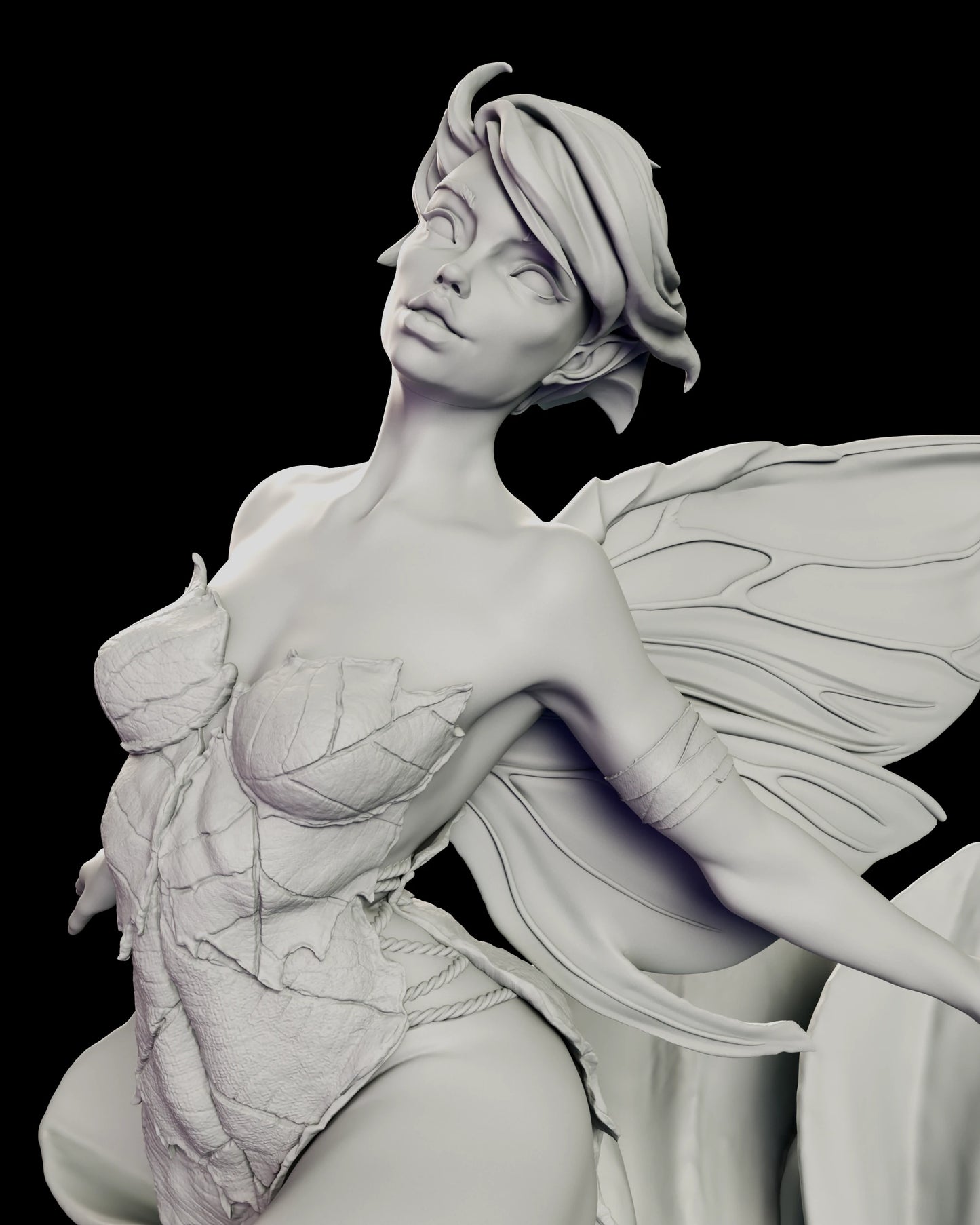 Close view of the Flower Fairy figure model kit showing the bodice built from overlapping veined leaves, the twisted cord at the waist and the ribbed wing behind the shoulder