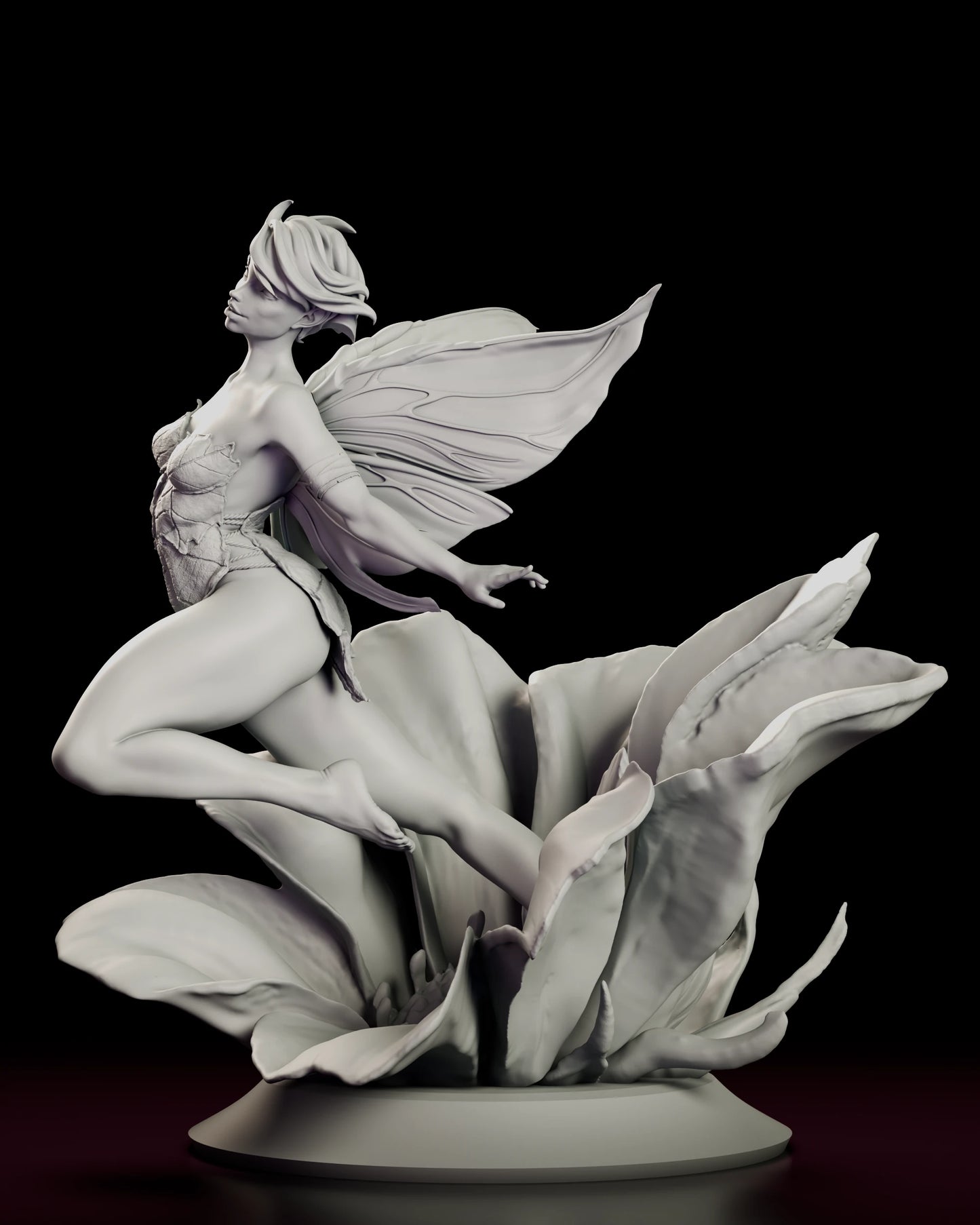 Left side view of the Flower Fairy figure model kit showing the leaf bodice torn away at the hip and the bare foot resting among the stamen