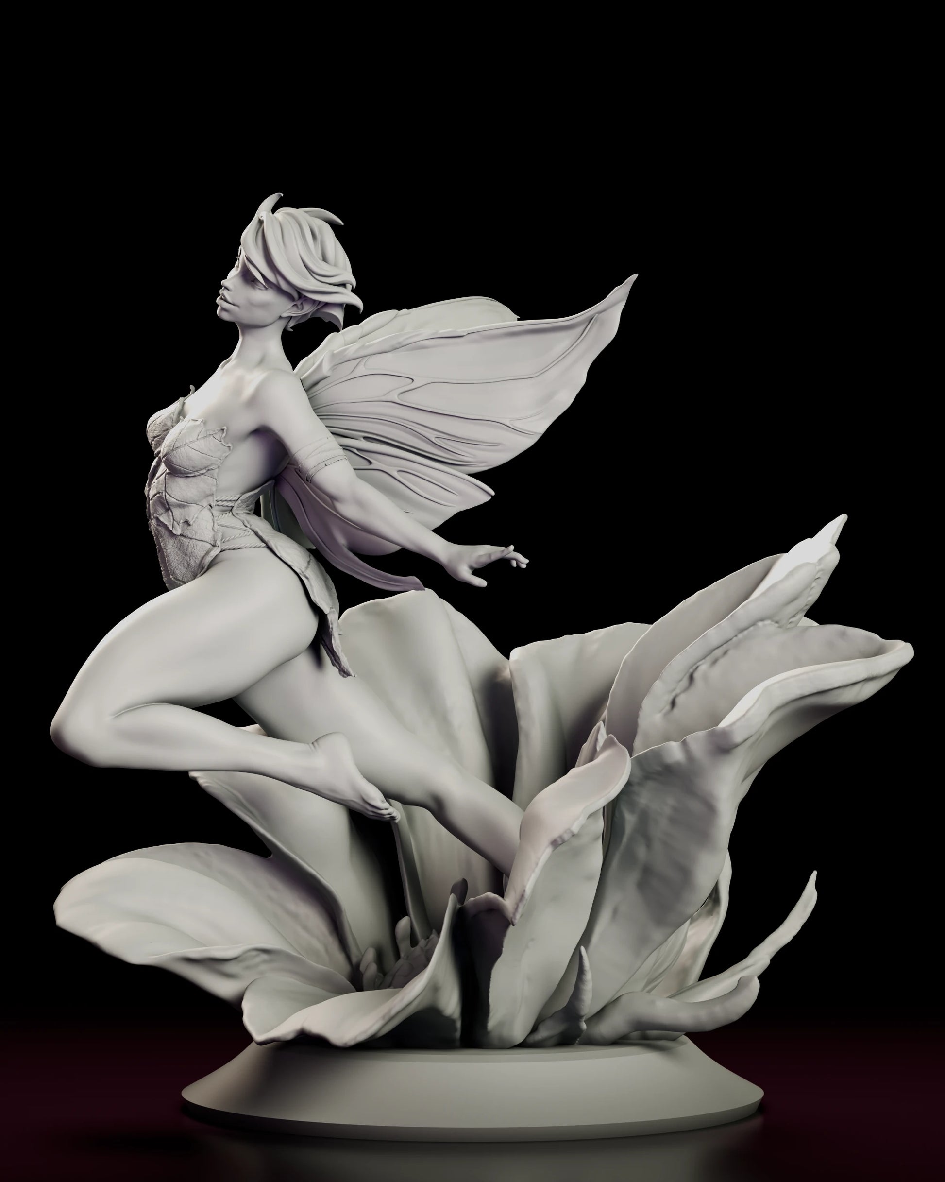 Left side view of the Flower Fairy figure model kit showing the leaf bodice torn away at the hip and the bare foot resting among the stamen