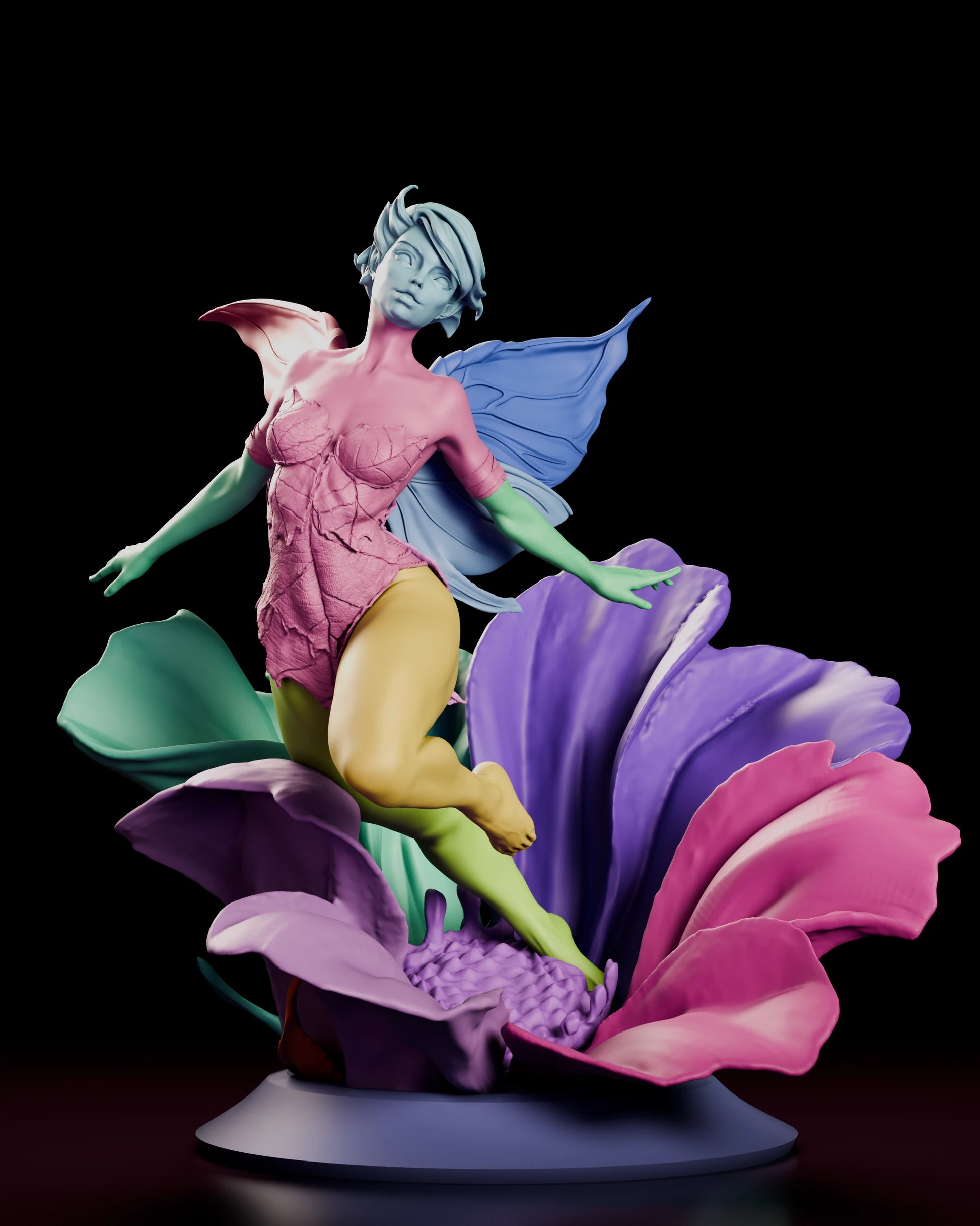 Parts breakdown of the Flower Fairy figure model kit with each component shown in a separate color, including head, torso, arms, legs, wings, petals and plinth