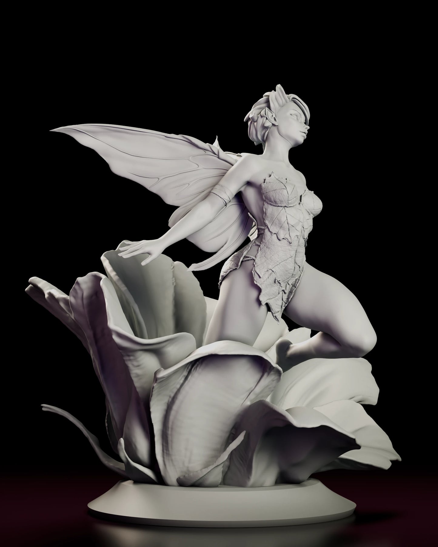 Right side view of the Flower Fairy figure model kit showing the spread of the wings and the curve of the petals around the base
