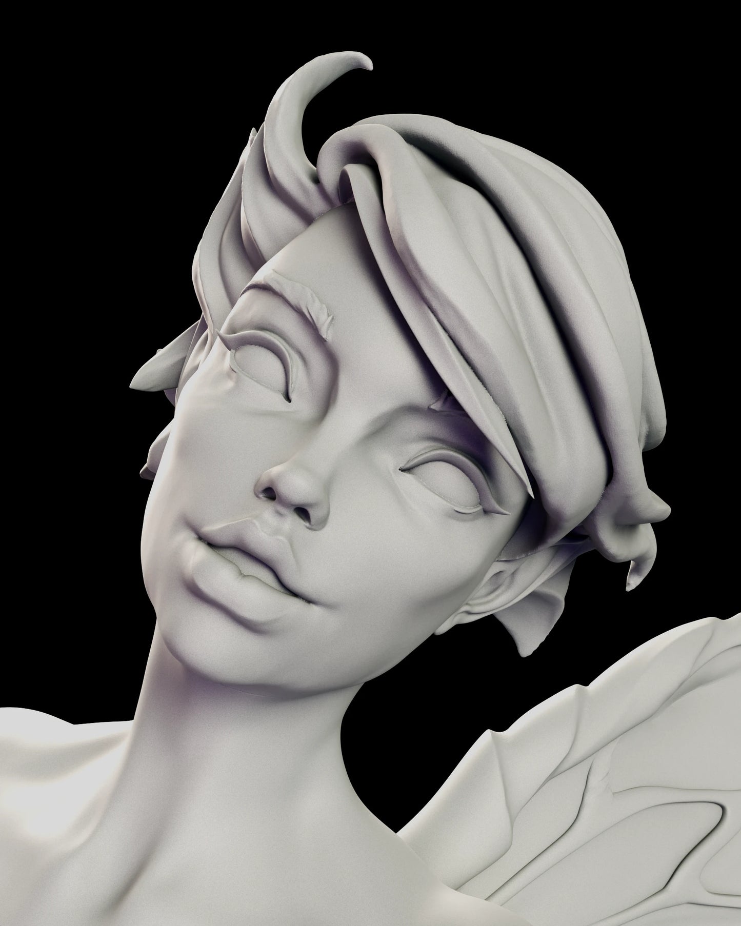 Portrait view of the Flower Fairy figure model kit showing the cropped choppy hair, pointed ears and upward gaze
