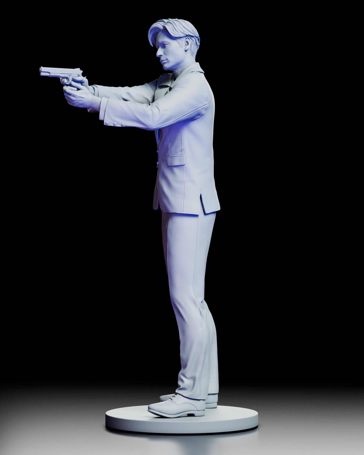 Left profile of Fox Mulder figure model kit with arms extended in two-handed aiming stance wearing detailed business suit